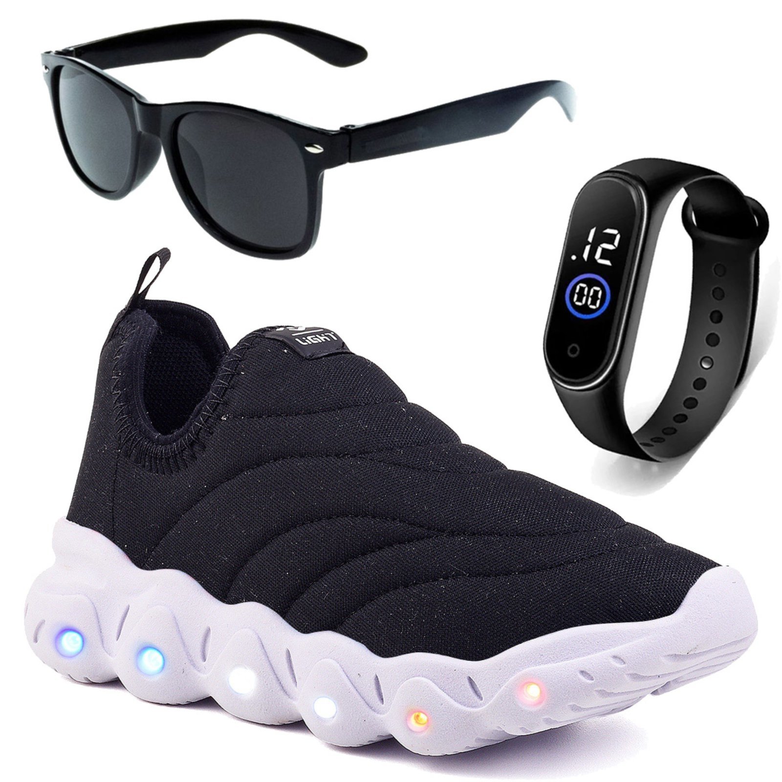 Vista 2 Infantil - Tenis de Led Menino e Menina Calce Facil e Branco e Óculos e Relógio CALCADOS LGHT LIGHT preto CALCADOS LGHT LIGHT preto