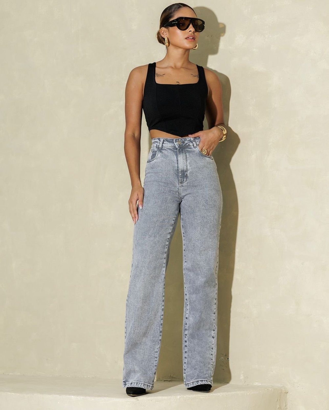 Calça Jeans Wide Leg Feminina Cintura Alta Básica com Elastano 28000 Cinza Consciência