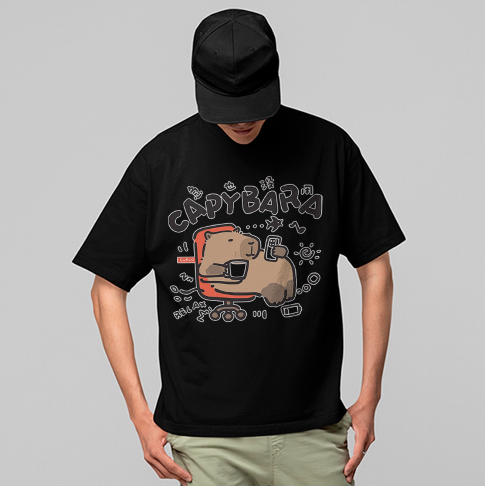 Camiseta Oversized Capivara Relaxando Meme Cartoon Vibes Unissex Preto