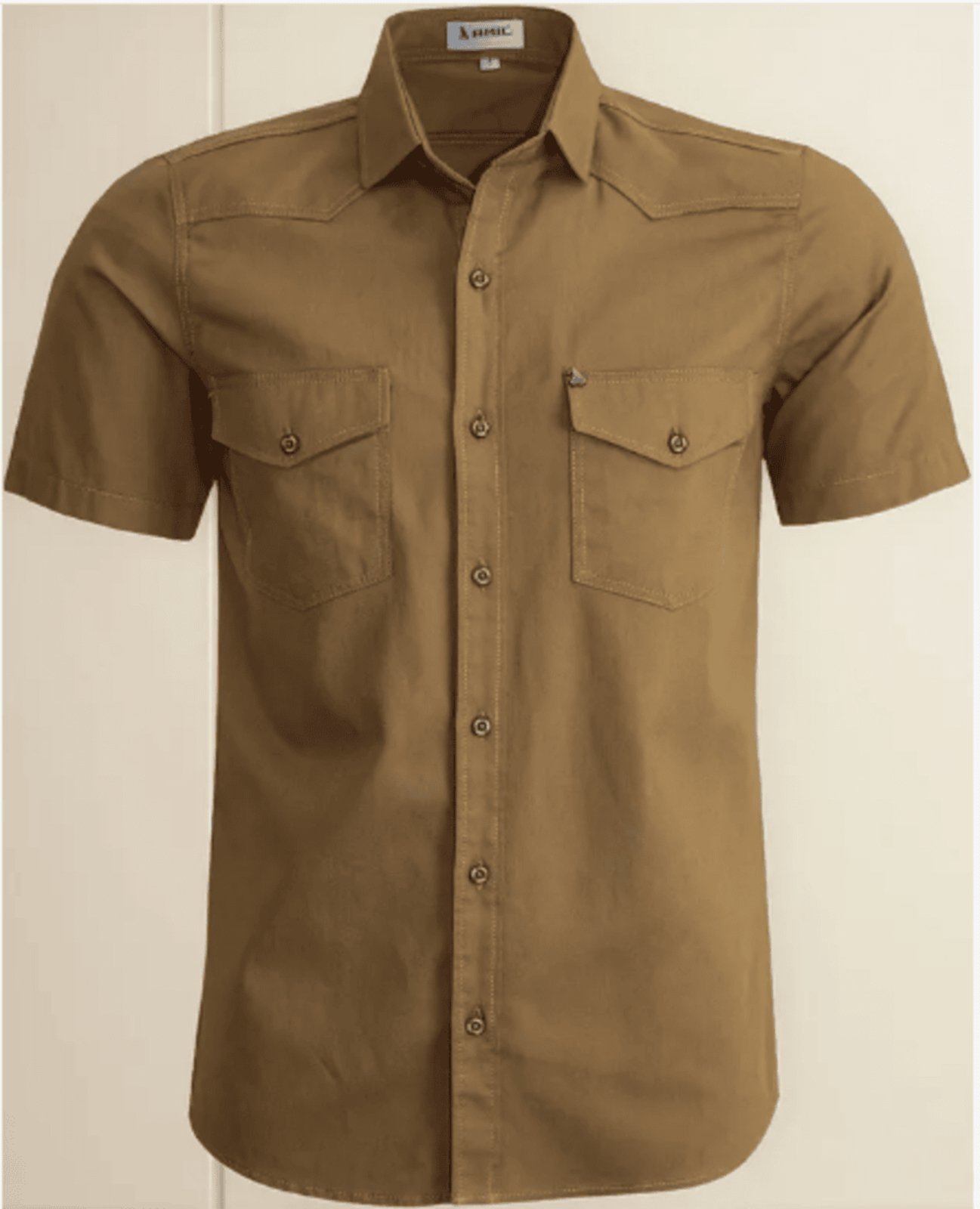 Camisa Estilo Militar Amil Comfort Cross Macia 2 Bolsos Manga Curta Luxo Castanho