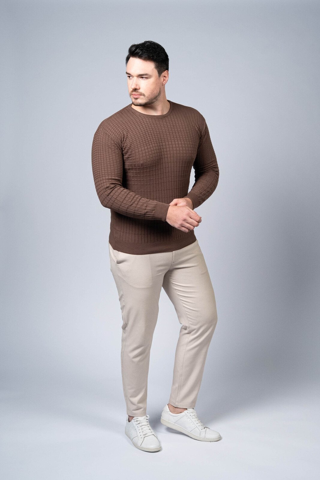 Blusa Tricô Algodão Quadriculada Marrom