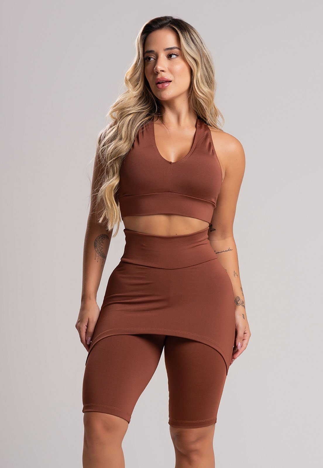 Bermuda MVB Modas Lisa Saia Tapa Bumbum Cintura Alta Marrom