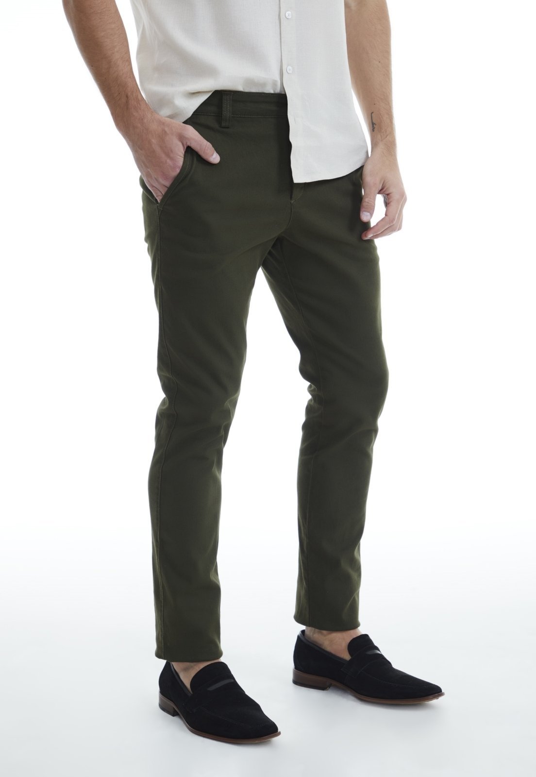 Calça Sarja Traymon Chino Slim Verde Militar Escuro