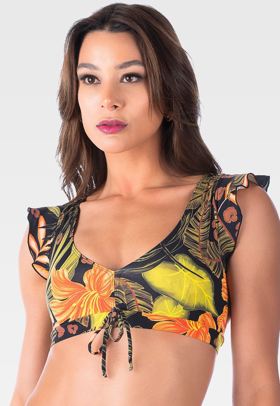 Top Summer Soul Cropped Sem Bojo Com Babado Folhagem Preto