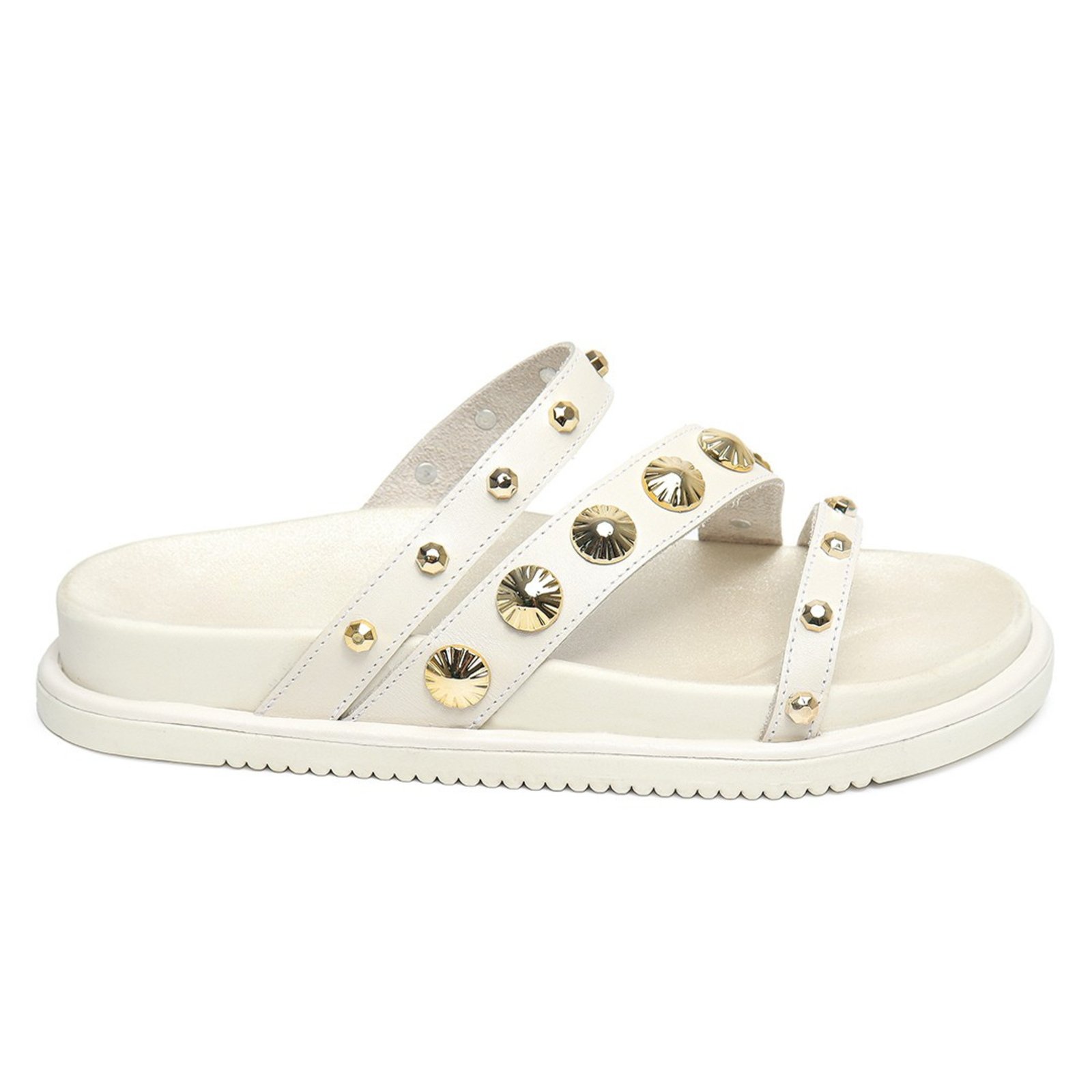 Sandália Papete Feminina Amarena Off White Tiras Aplicações Metais Dourados