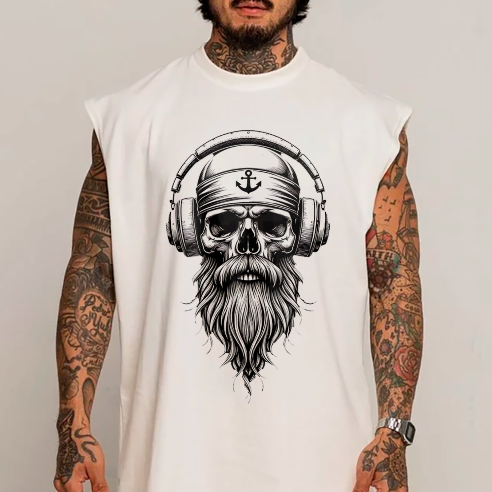 Camiseta Regata Machão Caveira Viking Headset Streetwear Premium Branco