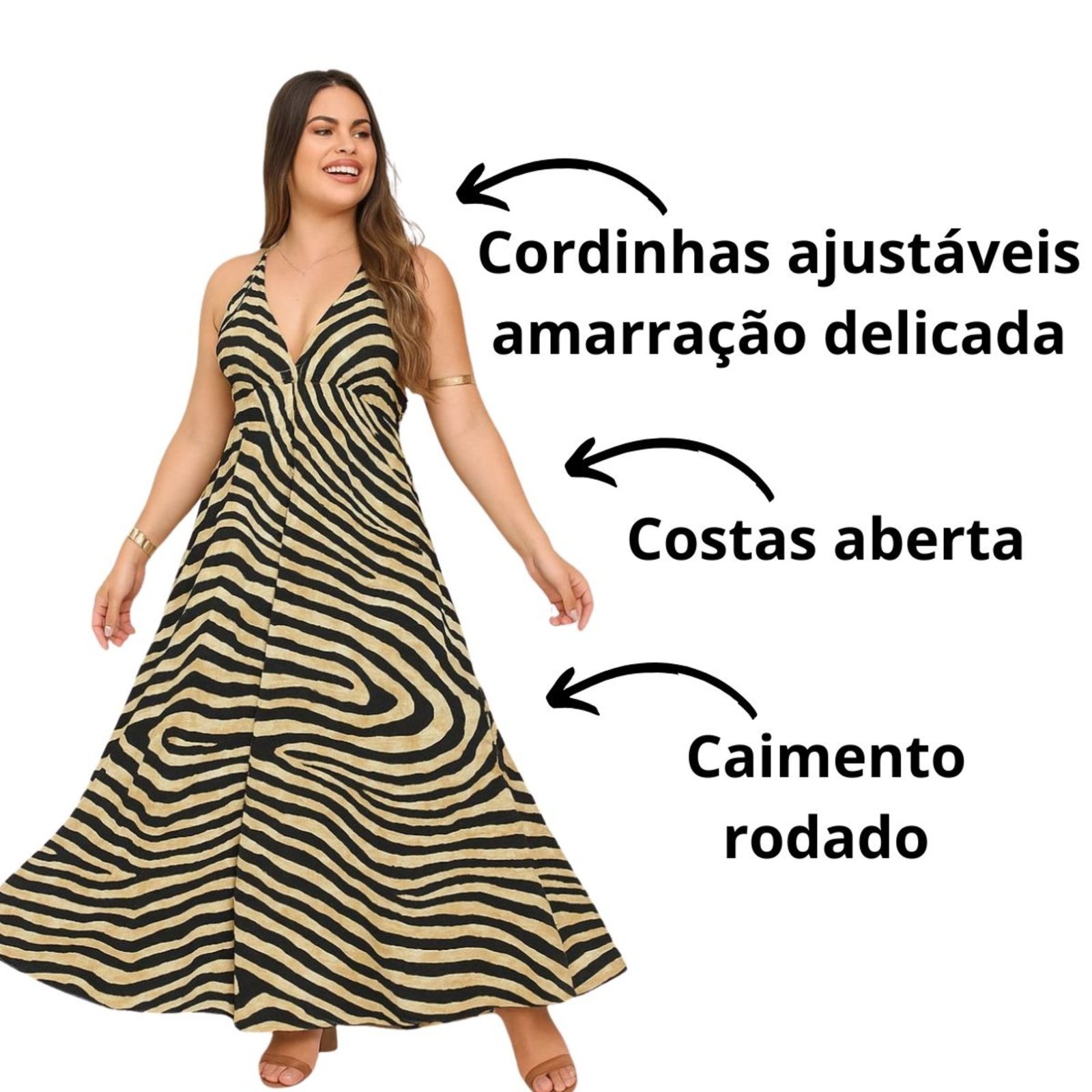 Vista 3 Vestido Longo Estilo Indiano FMF Lenço Decote e Costas Aberta FMF bege