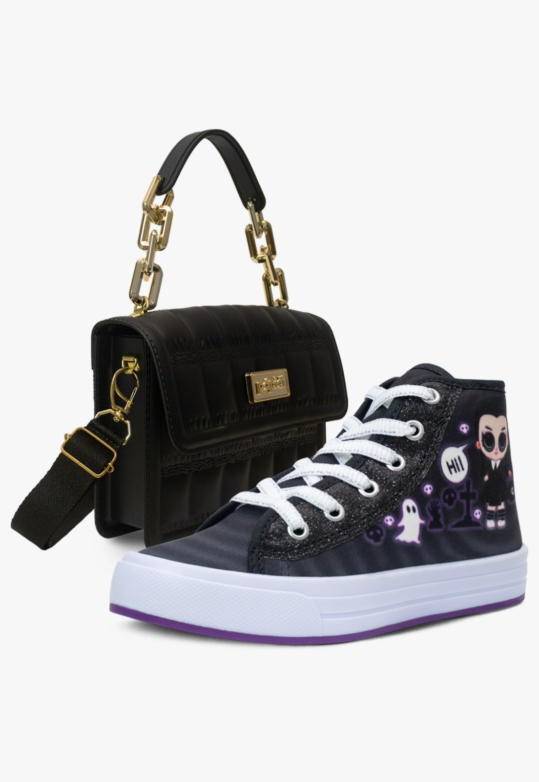 Infantil – Kit Bolsa e Tenis Botinha Menina Cano Alto Pópidi Preto