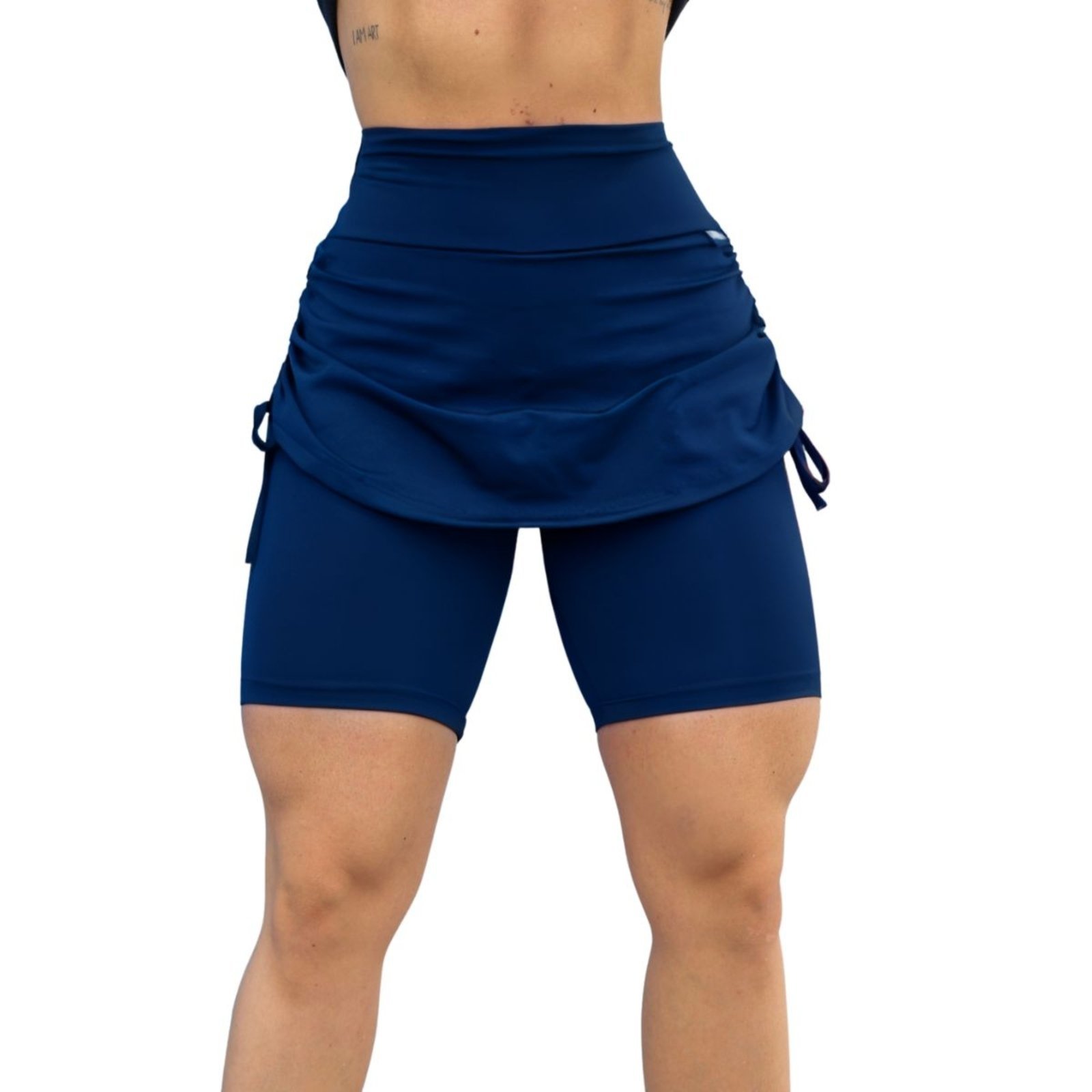 Short Saia Vih Triny Repuxado na Lateral Suplex Moda Fitnes Academia Yoga, Pilates e Hyrox Marinho Azul Marinho