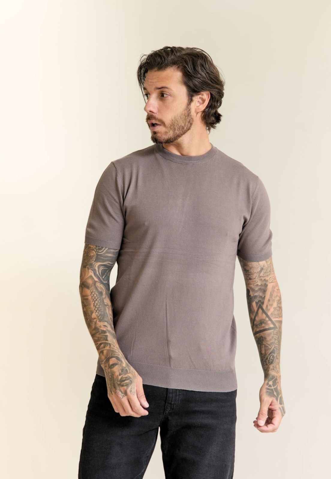 Camiseta Tricot Masculina Color Gola Careca Dialogo Cinza