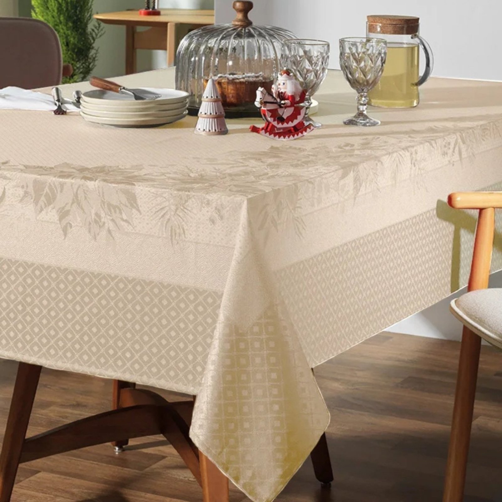 Toalha Mesa Retangular 6 Lugares Karsten Sempre Limpa Flor do Natal Bege