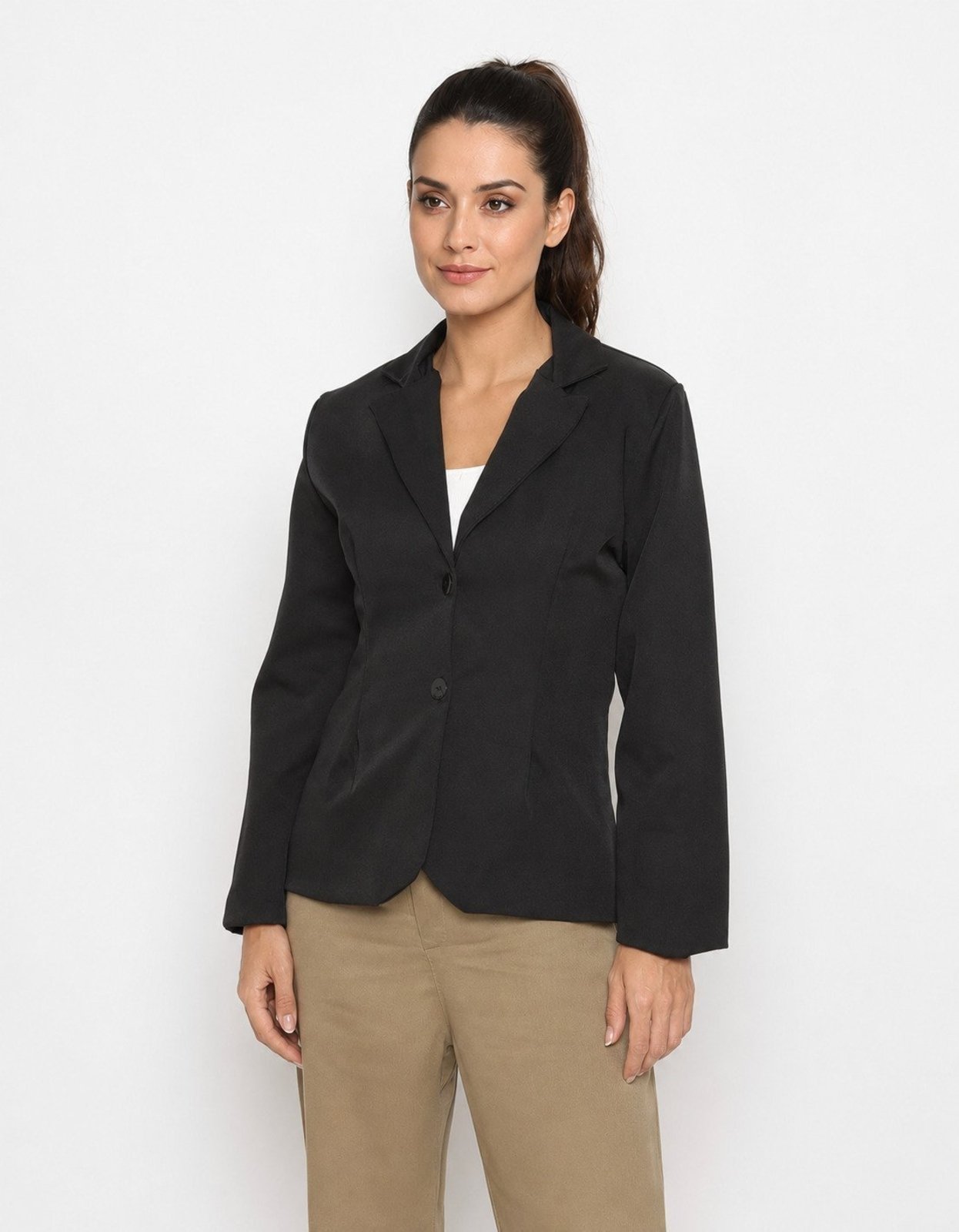 Blazer Feminino Pompier Alongado em Alfaiataria New Span com 2 Botões Preto
