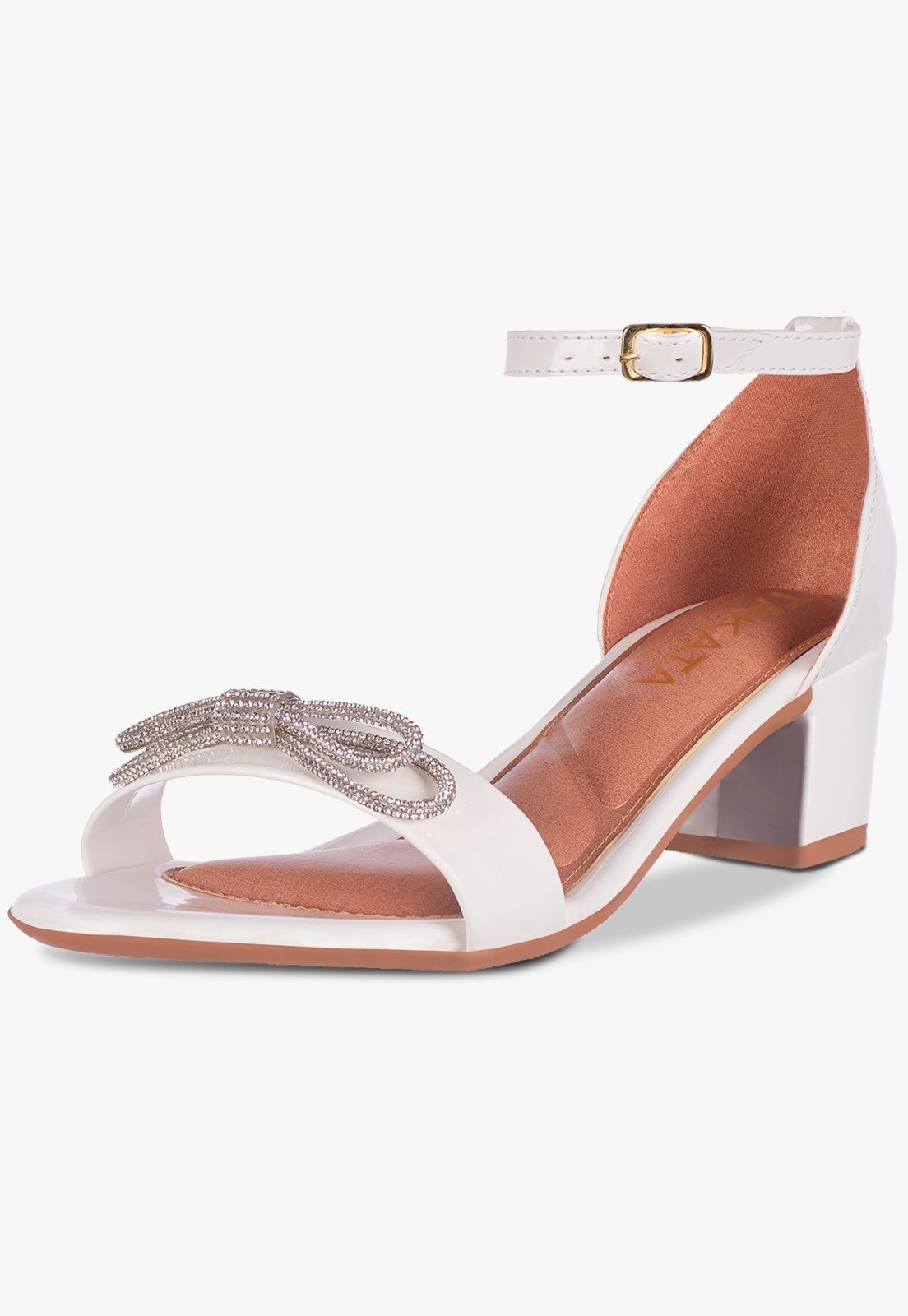 Sandália Feminina Salto Quadrado Grosso Bloco Baixo Laço Cristal Confortável Sapato Festa elegante Branco