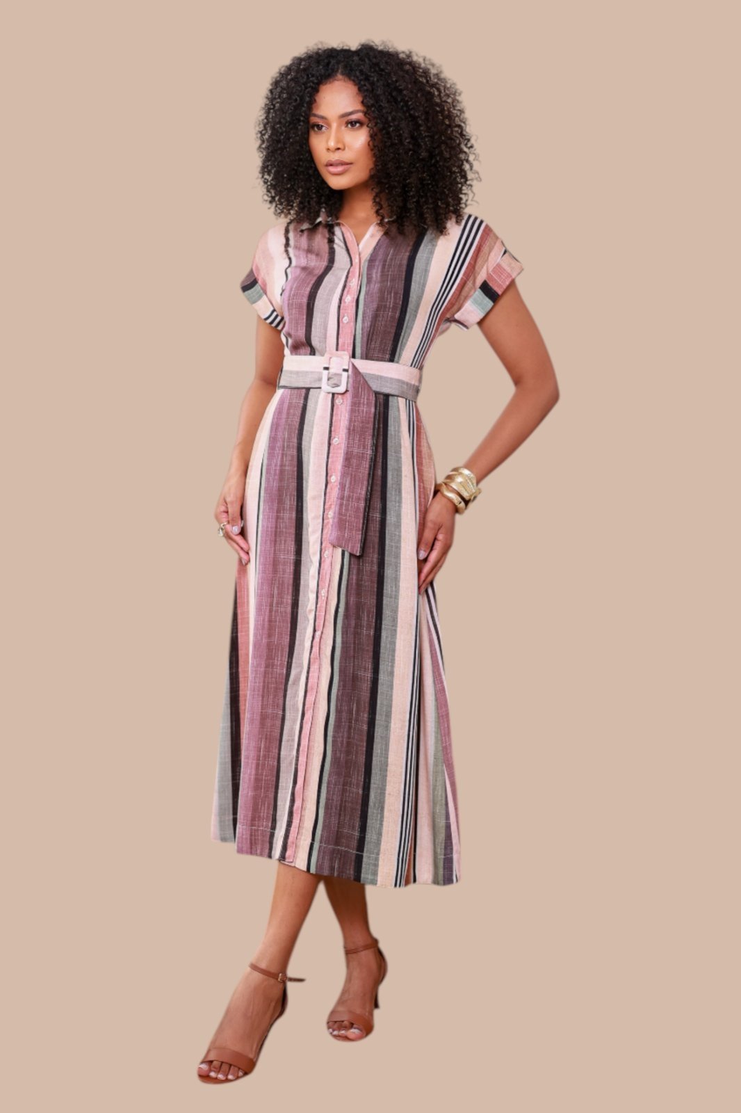 Chemise Midi Ícone Fashion Manga Curta com cinto Listras do Cerrado