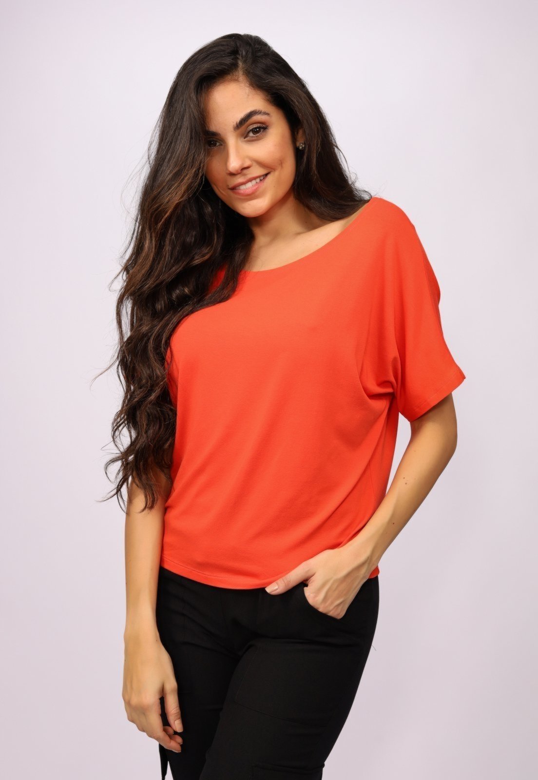 Blusa Morcego Amazonia Vital Malha Gola Canoa Manga Curta Laranja