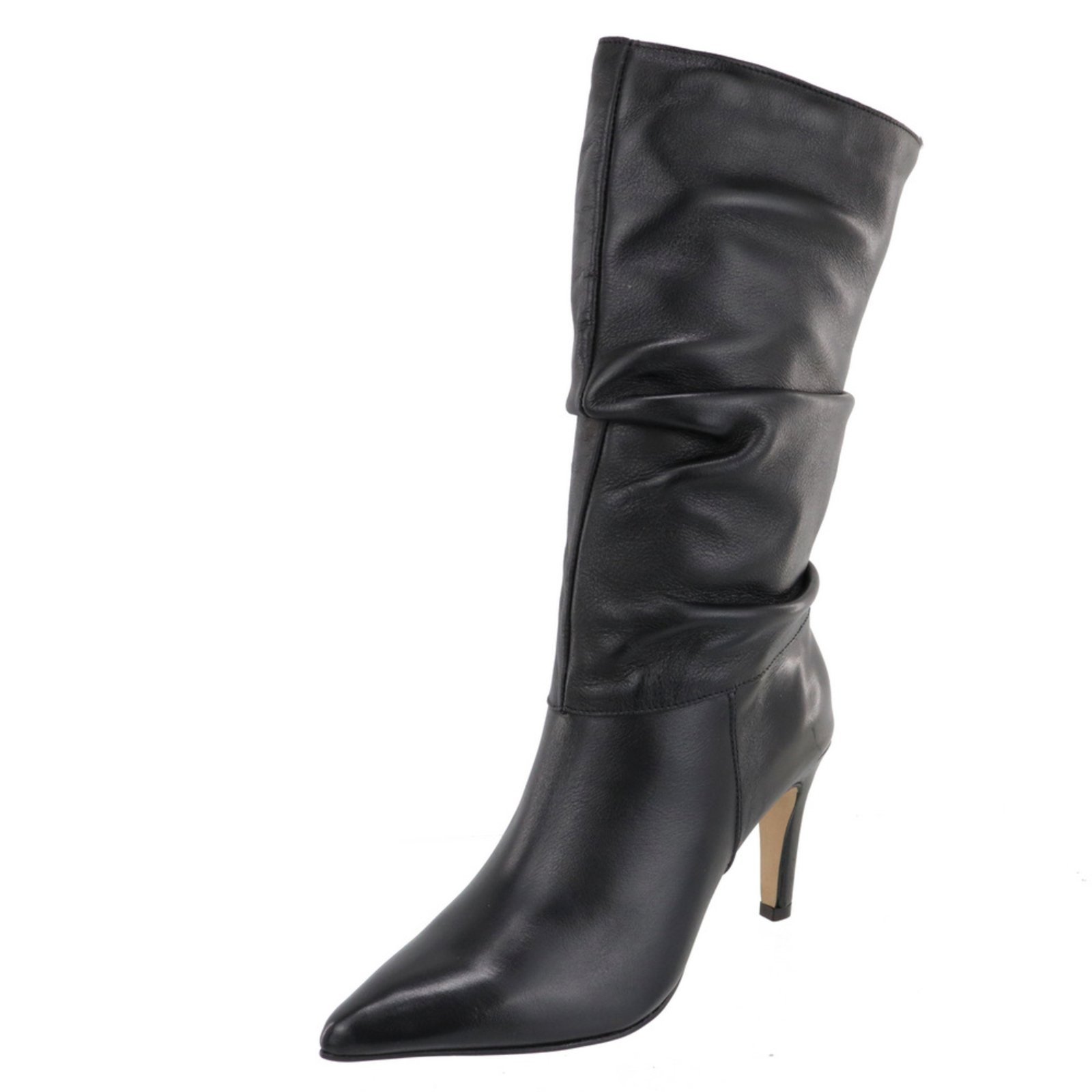 Bota Feminina Salto Fino Bico Fino Enrugada Slouchy Em Couro Maria Paula Preto