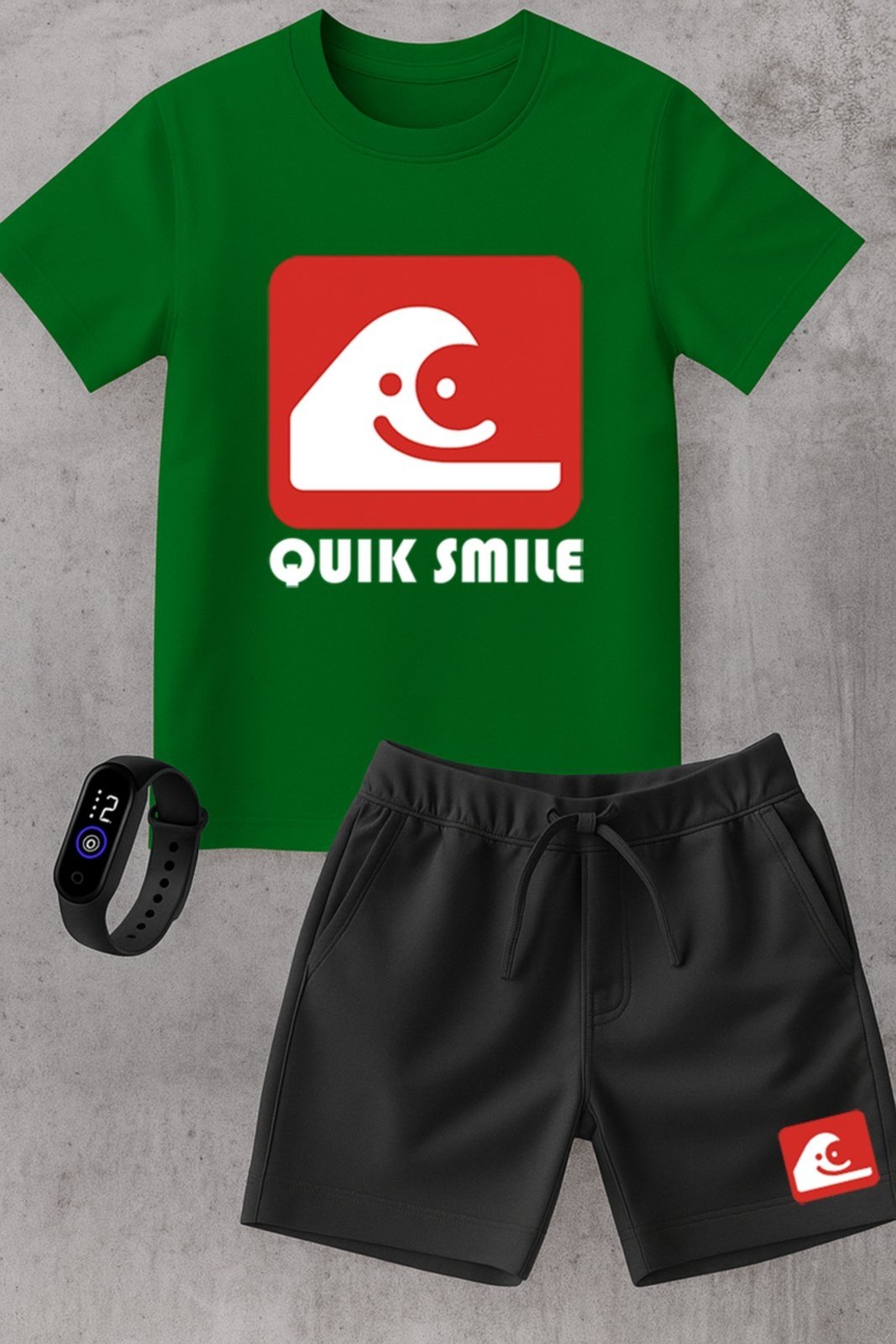 Infantil - Kit Camiseta menino Urbania Algodão verde Short Bermuda preta menina Conjunto black promoção oferta + brinde relogio estampa quik smile estilo silver