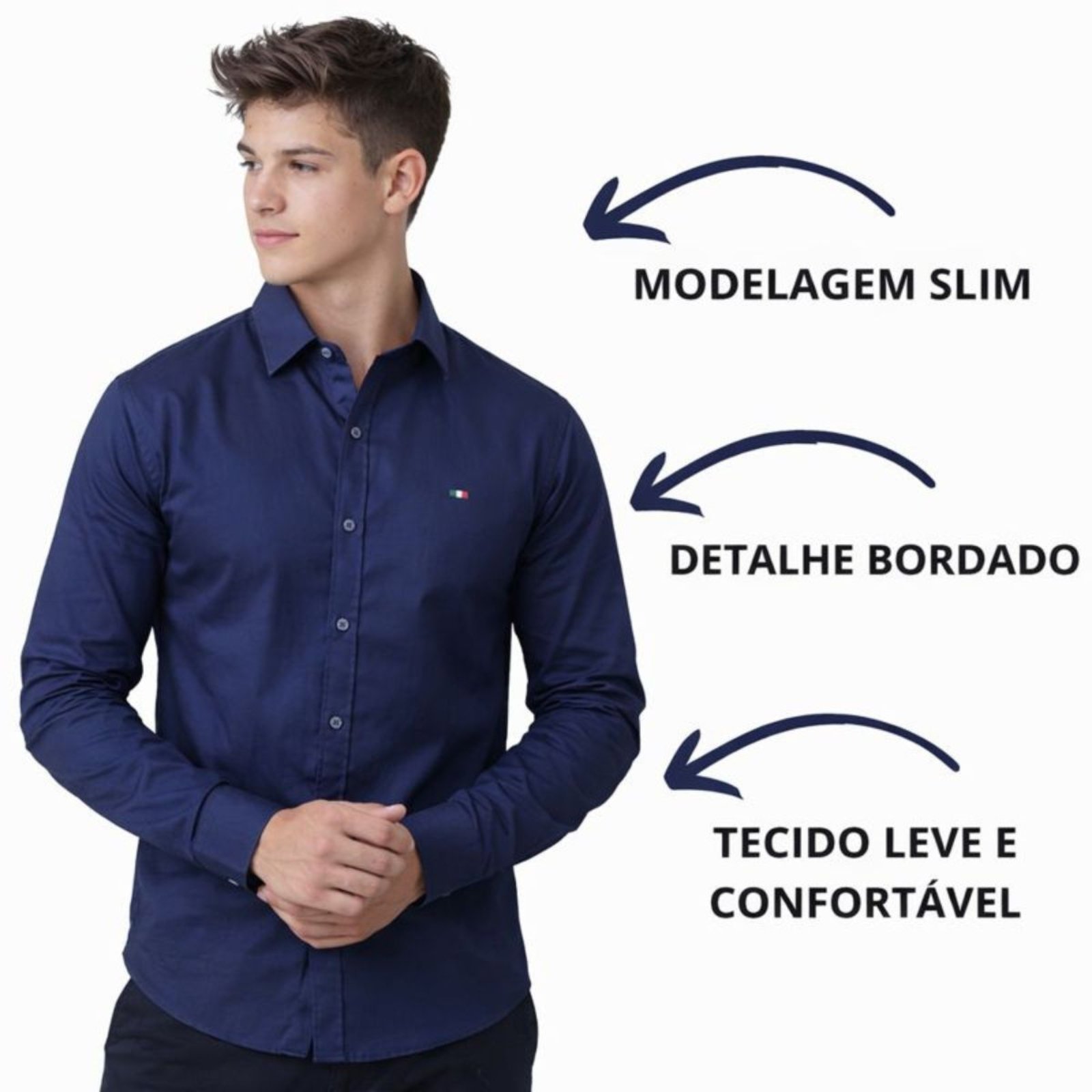 Vista 3 Camisa Social Masculina Slim Manga Longa Casual Premium Marinho Industrie azul marinho Industrie azul marinho