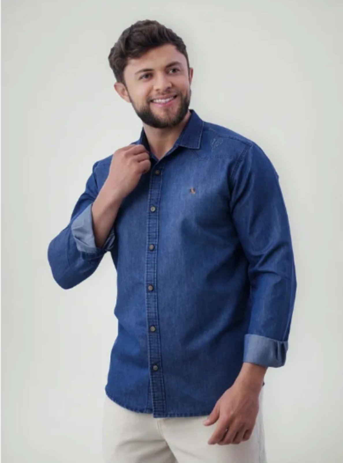 Camisa Jeans Amil Comfort Elite Macia Manga Longa Luxo Marinho