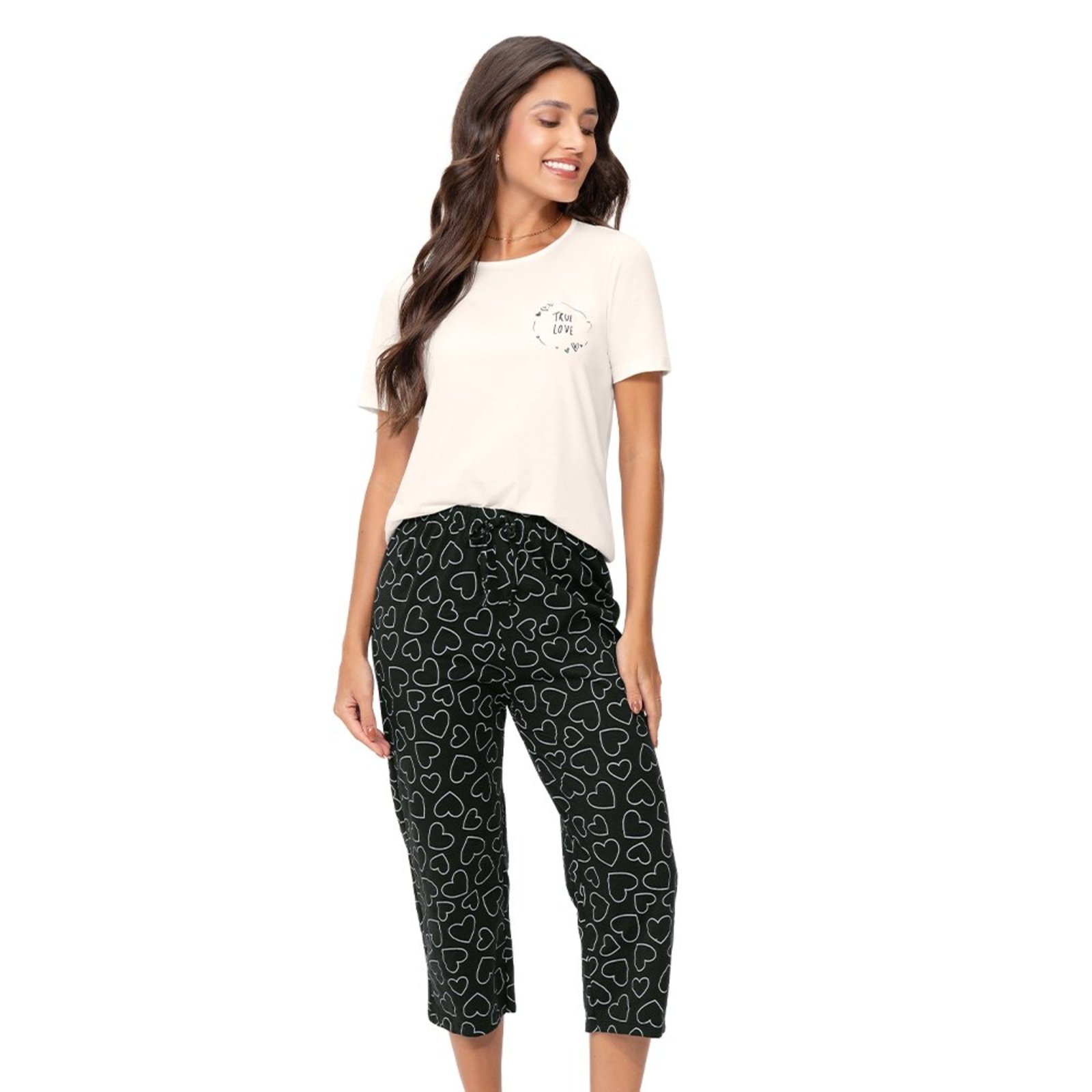 Pijama Feminino Blusa Manga Curta e Calça Capri Preto em Algodão