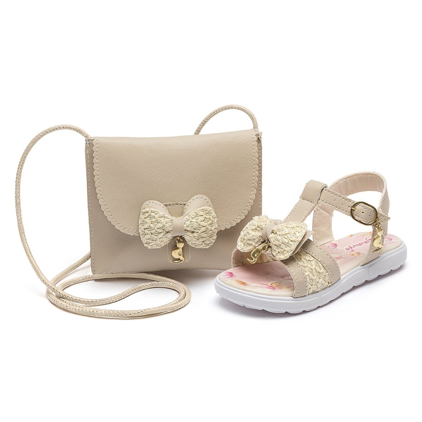 Infantil - Kit Sandália Rasteirinha Bolsa Menina Bege Laço Casual Festa Mzkid