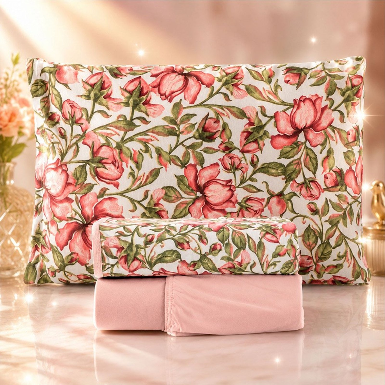 Jogo de Cama Lençol Malha Grossa Fio Penteado 100% Algodão Solteiro 3 Peças - Floral Rosê