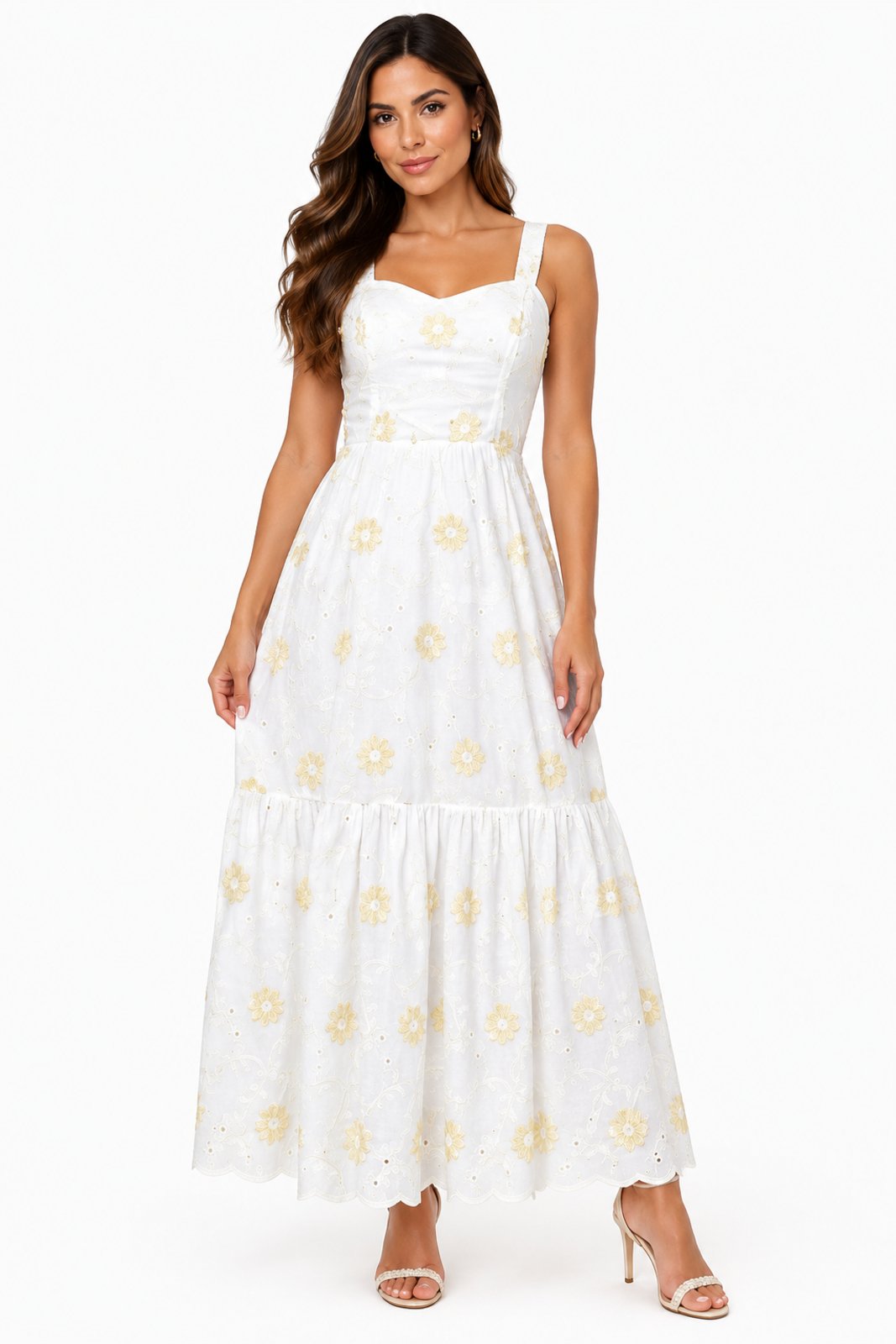 Vestido Longo D Bell Outlet Fashion Floral Decote Coração Branco