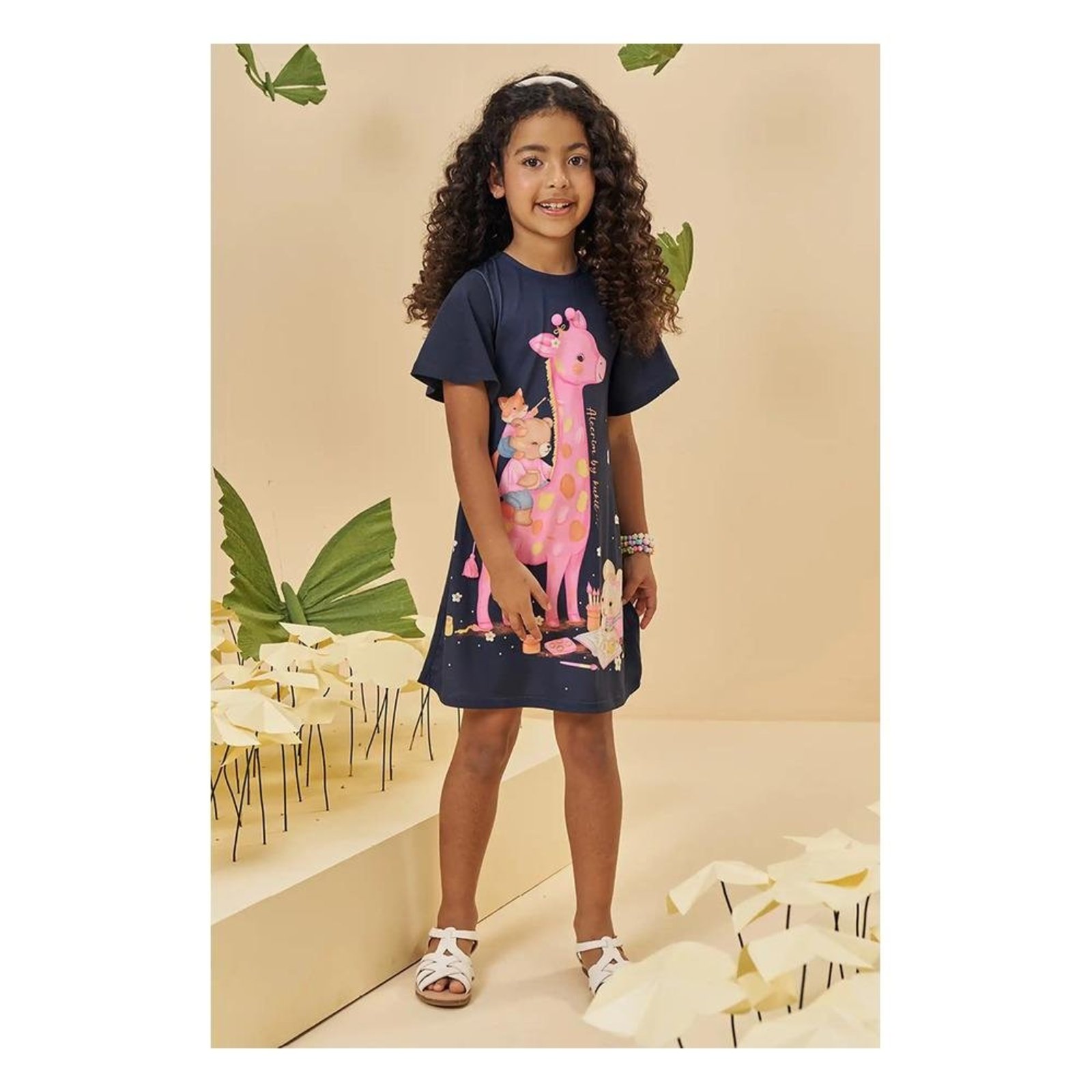 Infantil - Vestido Menina Estampa Girafa Colorida Laço Kukiê 10 Unico