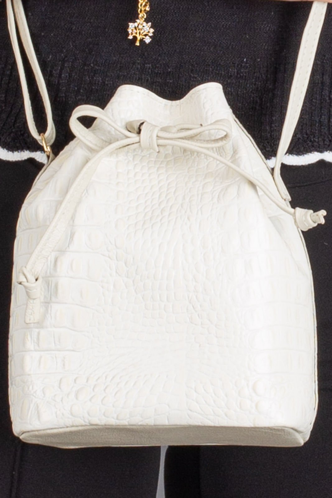 Mini bolsa saco em couro croco Nathy - Marfim