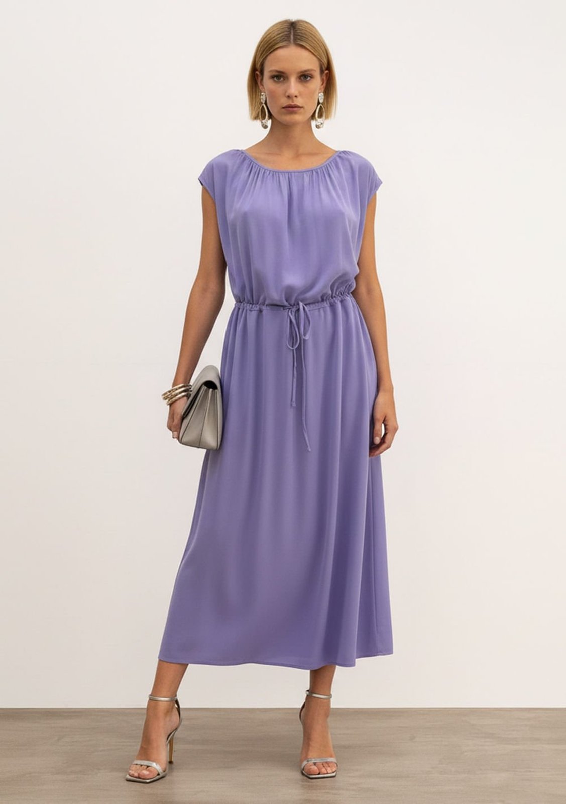 Vestido Iódice Solto Decote Canoa Sem Manga Midi Lilás