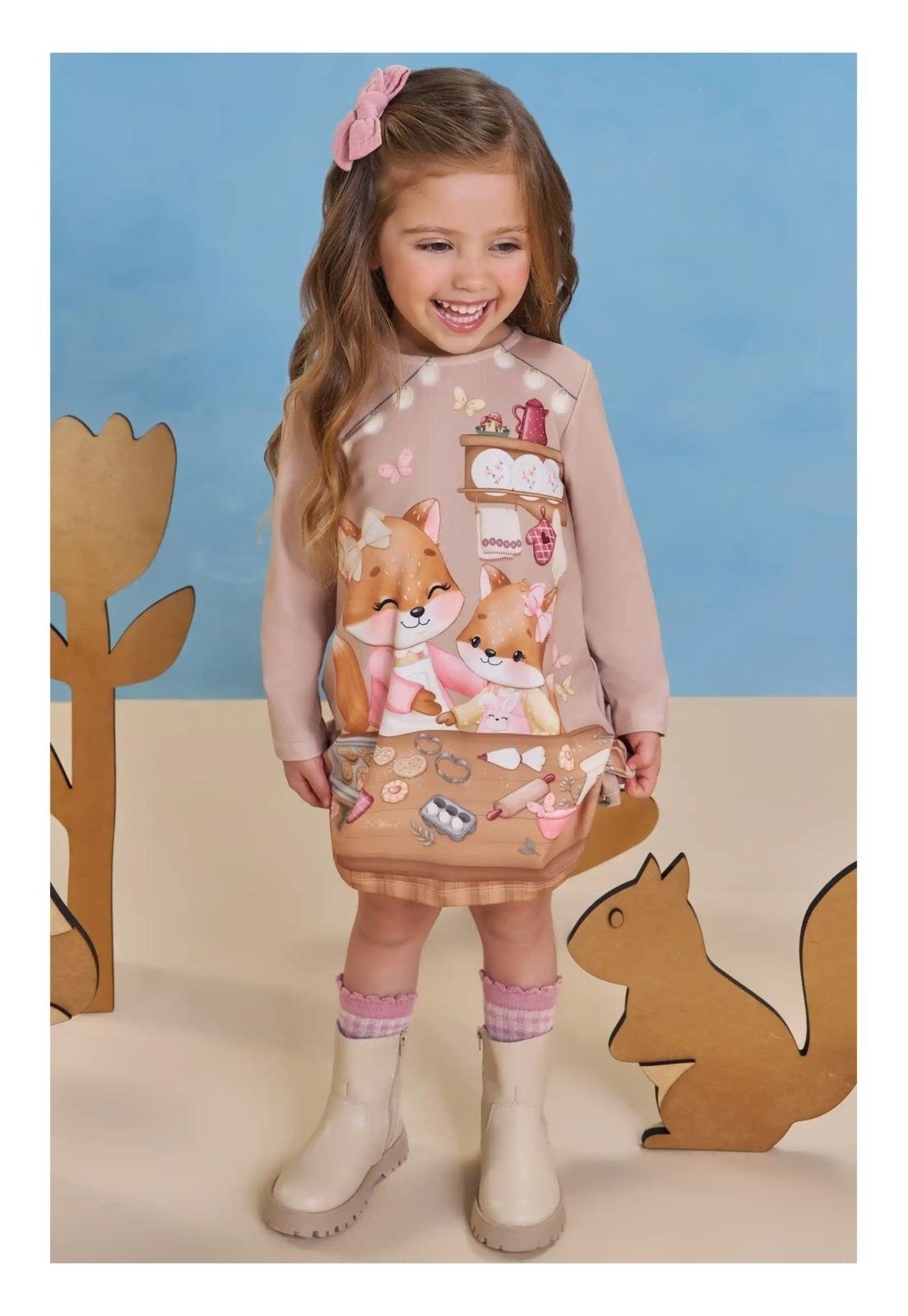 Infantil - Vestido Manga Longa Raposas Infanti 1 Marrom