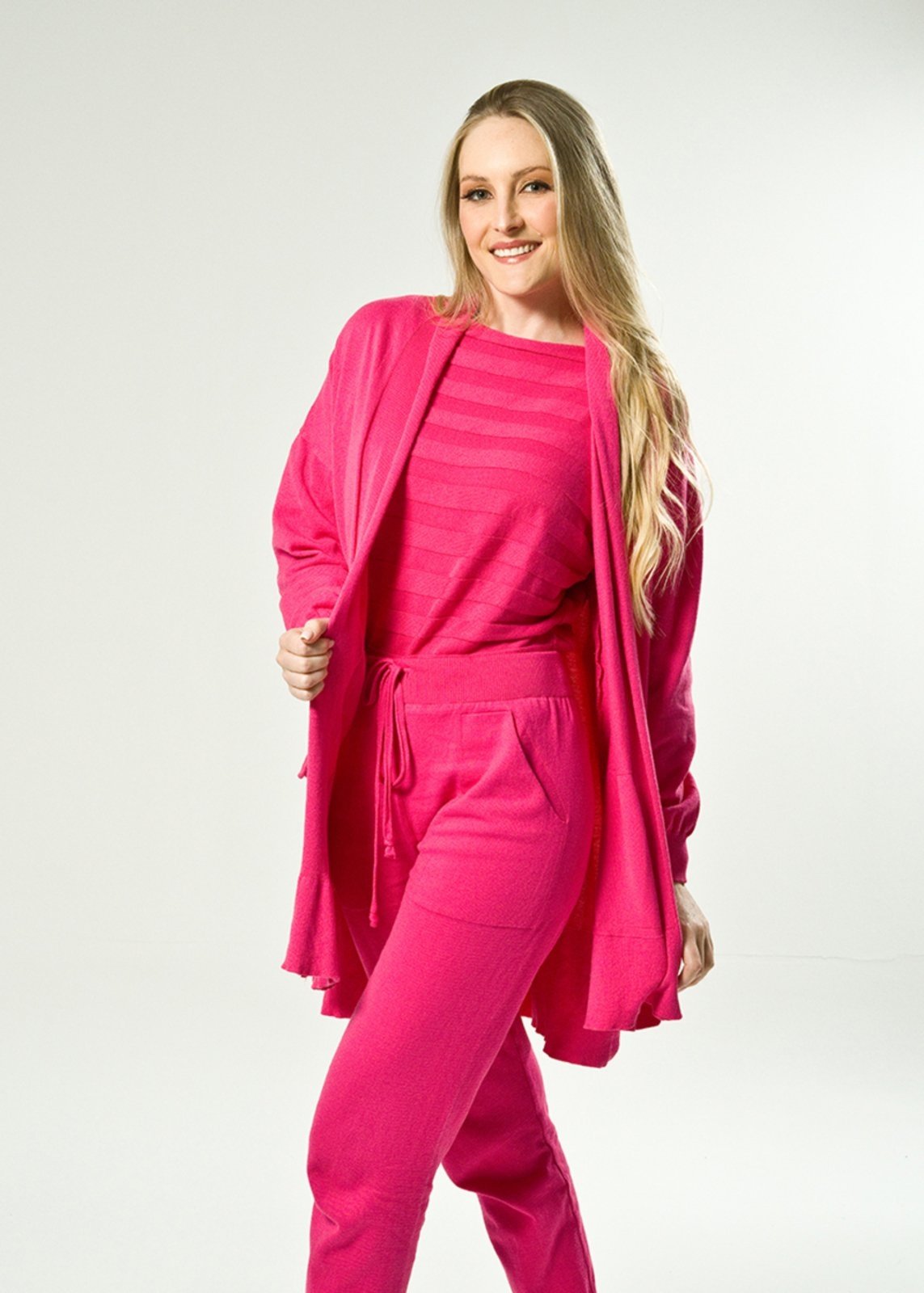 Calça Tricô Algodão Shirley Malhas Jogger Rosa Pink