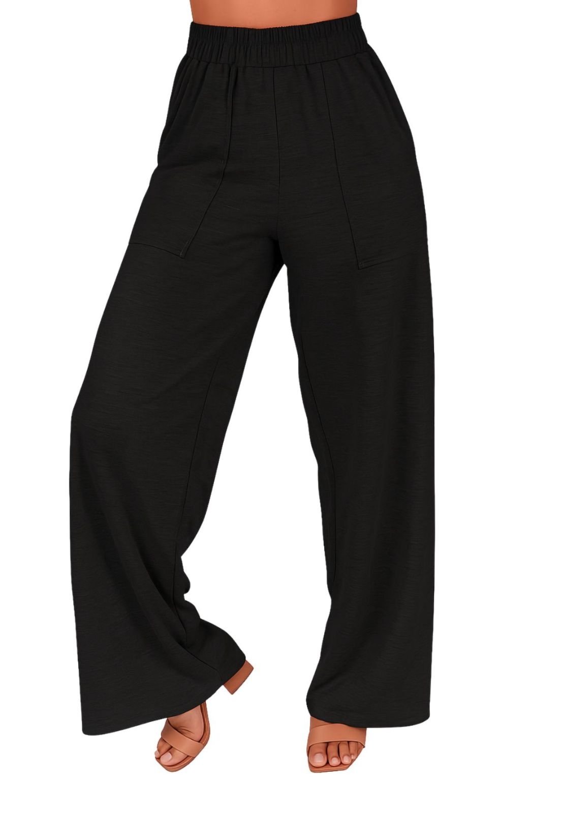 Calça Feminina Wide Leg Pantalona Cintura Alta com Bolso de Moletinho Inverno Preto