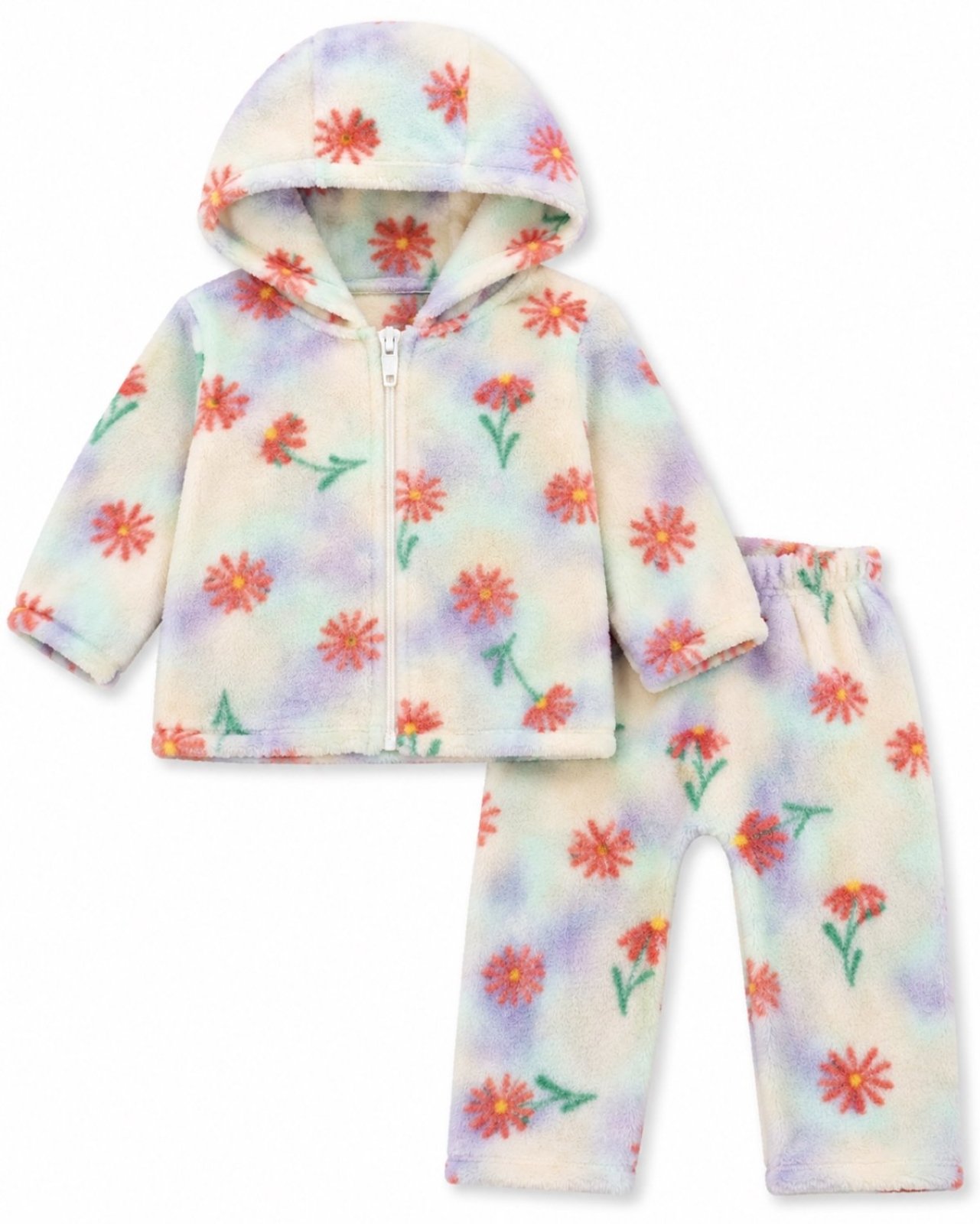 Infantil - Conjunto Plush Peluciado Capuz Com Zíper Casaco e Calça FLORES BEGE