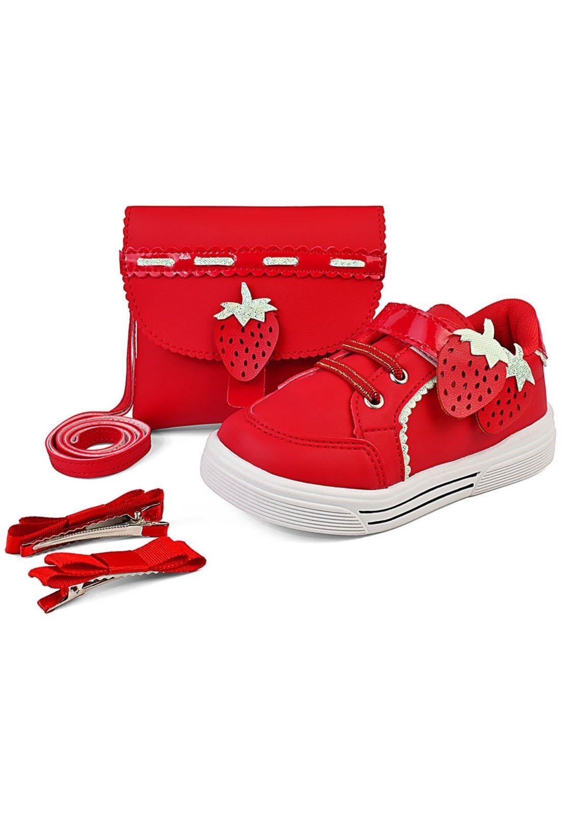 Infantil – Kit Tênis Menina Vermelho Feminino Com Bolsa E Presilha Morango Conforto Mzkid