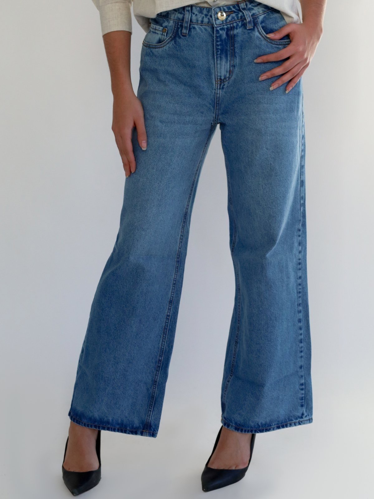 Calça Pantalona Jeans Feminina Cintura Alta Ampla Casual Elegante 17th