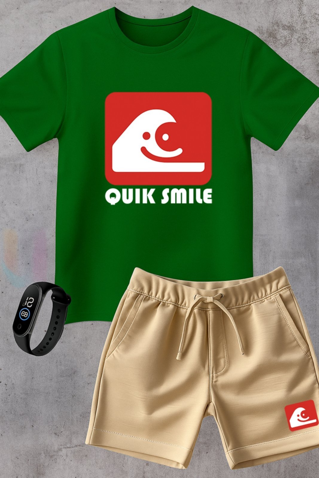 Infantil - Kit Camiseta menino Urbania Algodão verde Short Bermuda Bege menina Conjunto black promoção oferta + brinde relogio estampa quik smile estilo silver