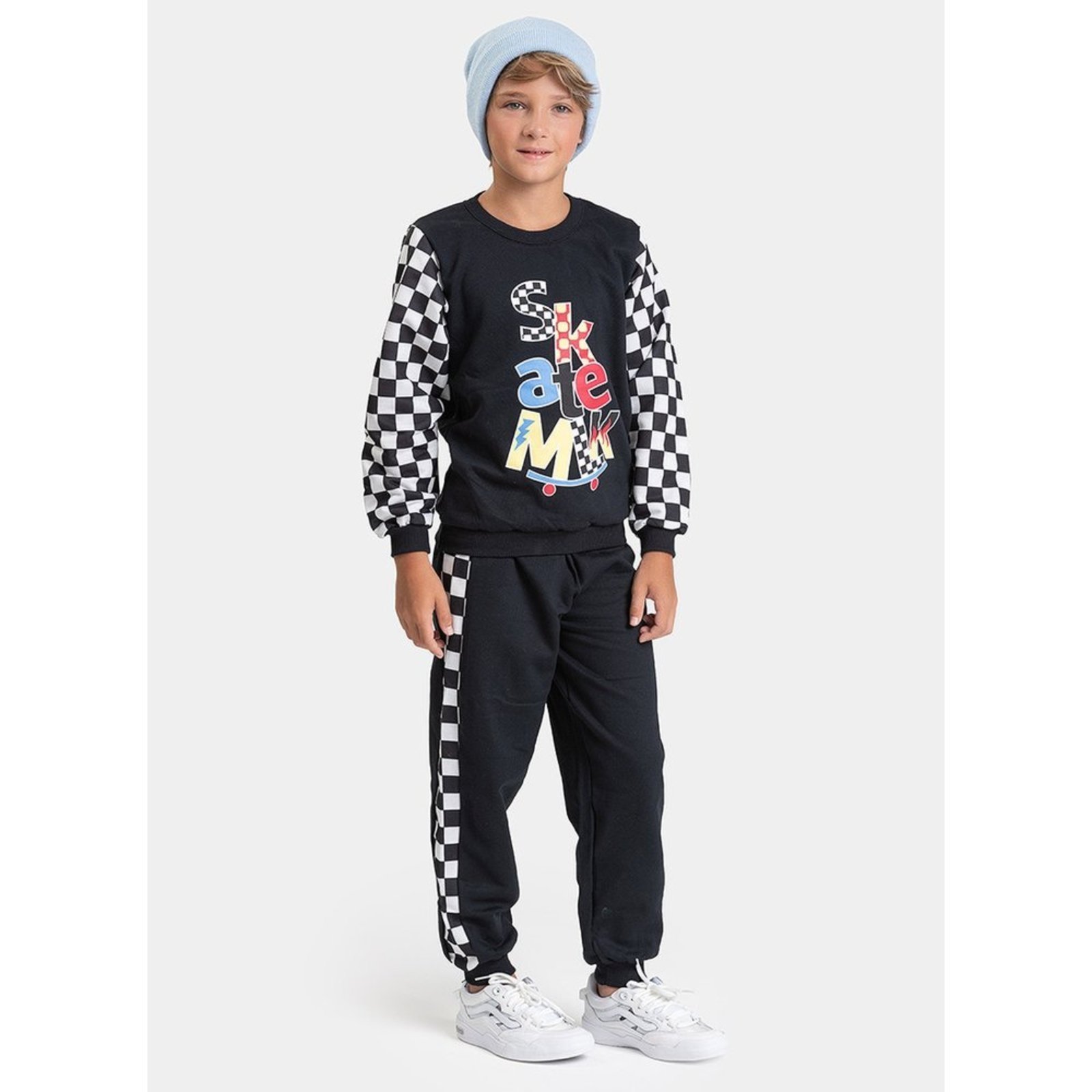 Vista 2 Infantil - Conjunto Inverno Menino Blusão Manga Xadrez e Calça em Moletom Skate Molekada preto Molekada preto
