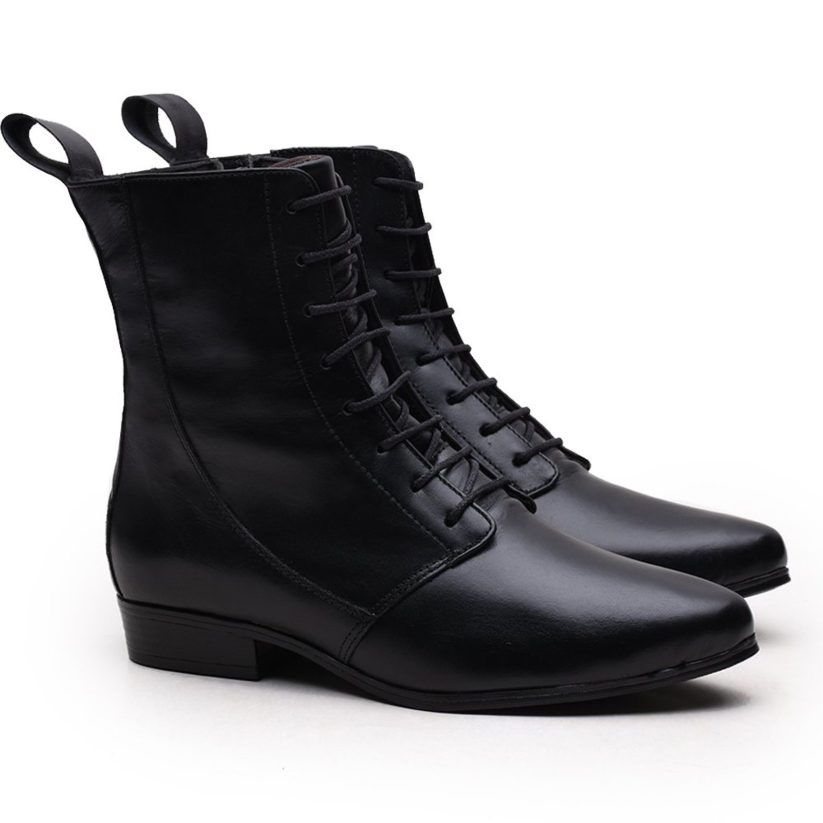 Vista 3 Bota Feminina Em Couro Cano médio Rangali Com Amarração Preta Madus preto Madus preto