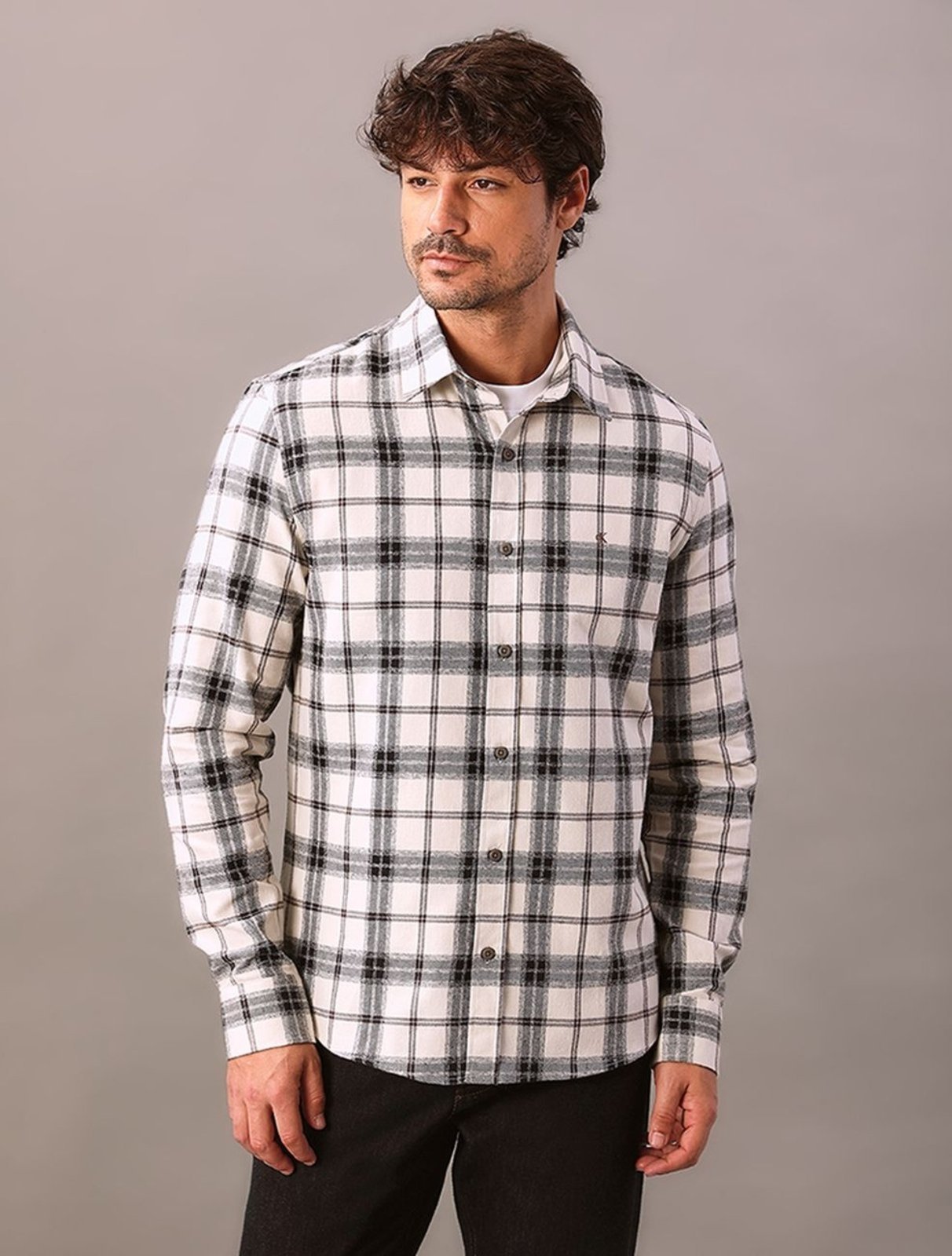 Camisa Calvin Klein Jeans Manga Longa Overshirt Flanel Check - Off White Calvin Klein Jeans
