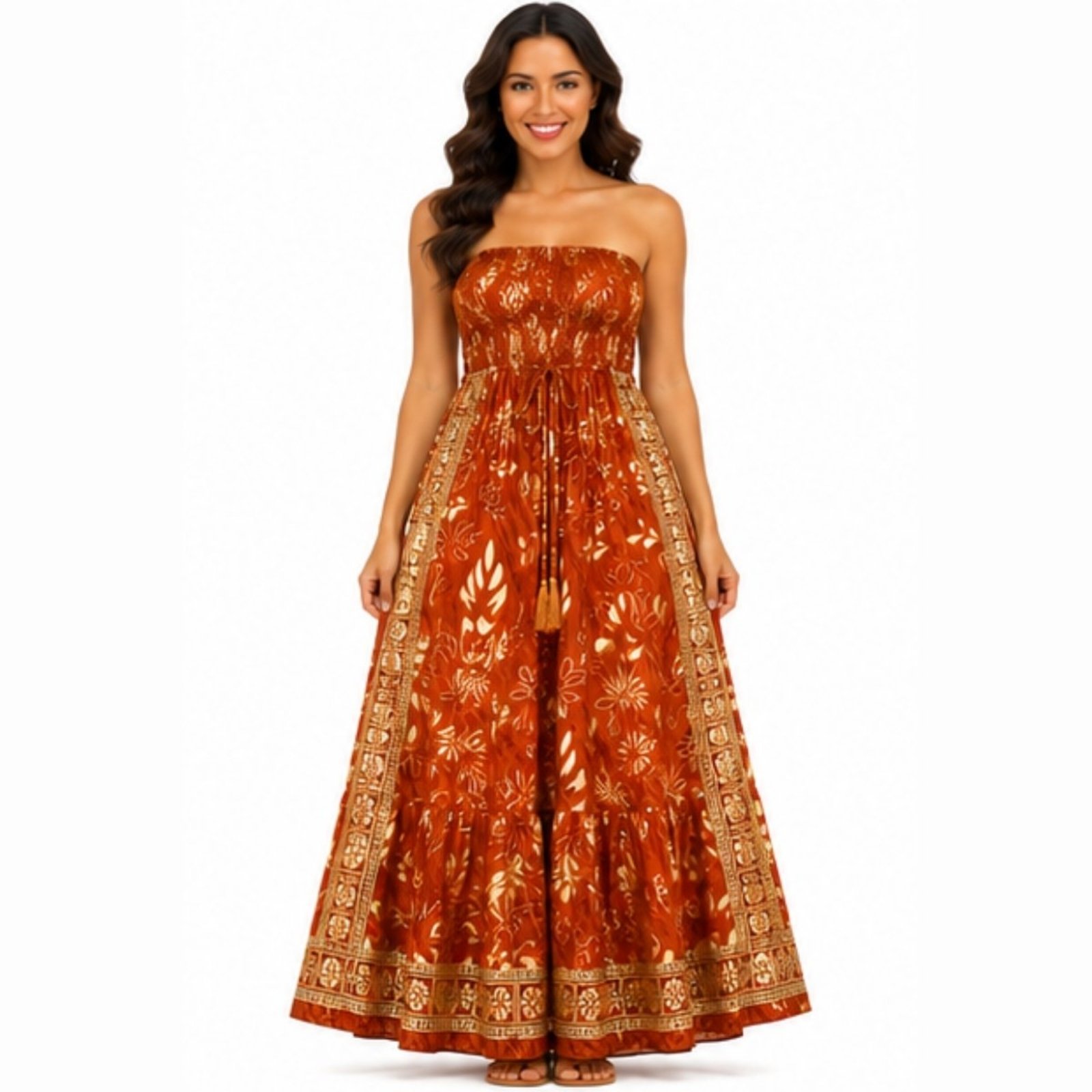 Vestido Longo Feminino Indiano Tomara que Caia com Lastex Marrom