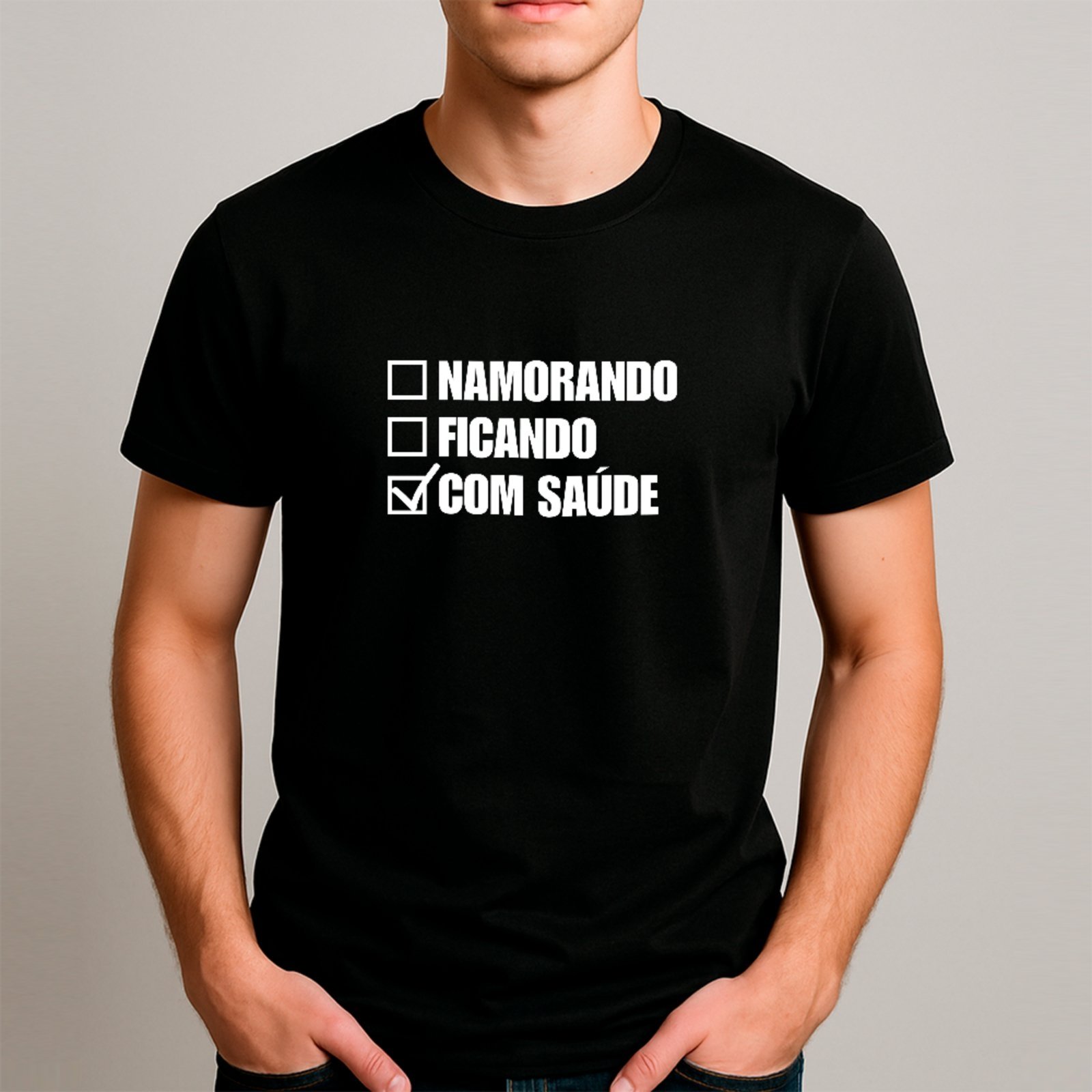 Vista 2 Camiseta Ousy Básica Checklist Com Saúde Humor De Carnaval Meme Unissex branco ousy branco