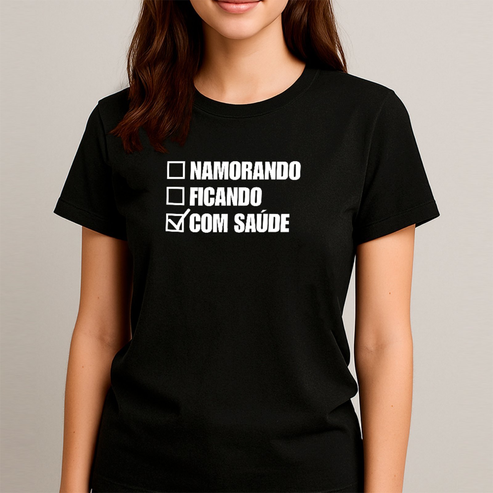 Vista 3 Camiseta Ousy Básica Checklist Com Saúde Humor De Carnaval Meme Unissex branco ousy branco