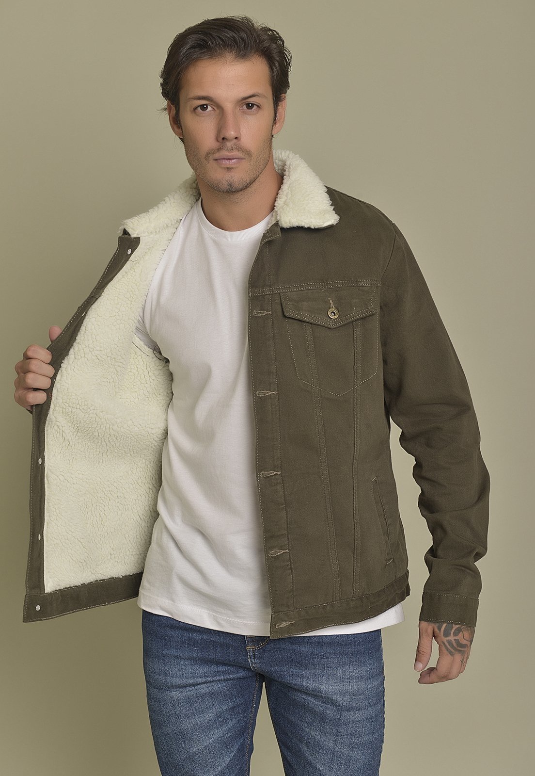 Jaqueta Sarja Colorido com Forro Sherpa Dialogo Jeans Verde Masculino