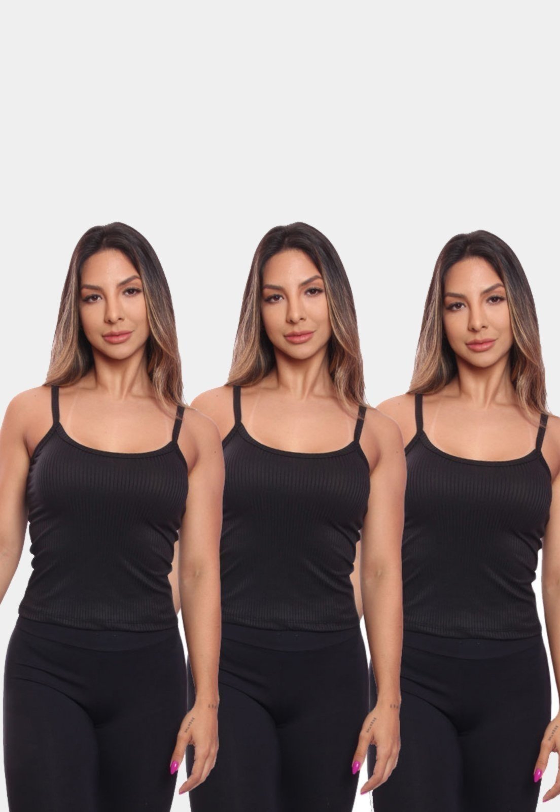 Vista 3 Kit 3 Regatas de Alcinha Canelada Feminina Lisa Blusa Blusinha Básica Treino Academia ADRIBEN multicolorido ADRIBEN multicolorido