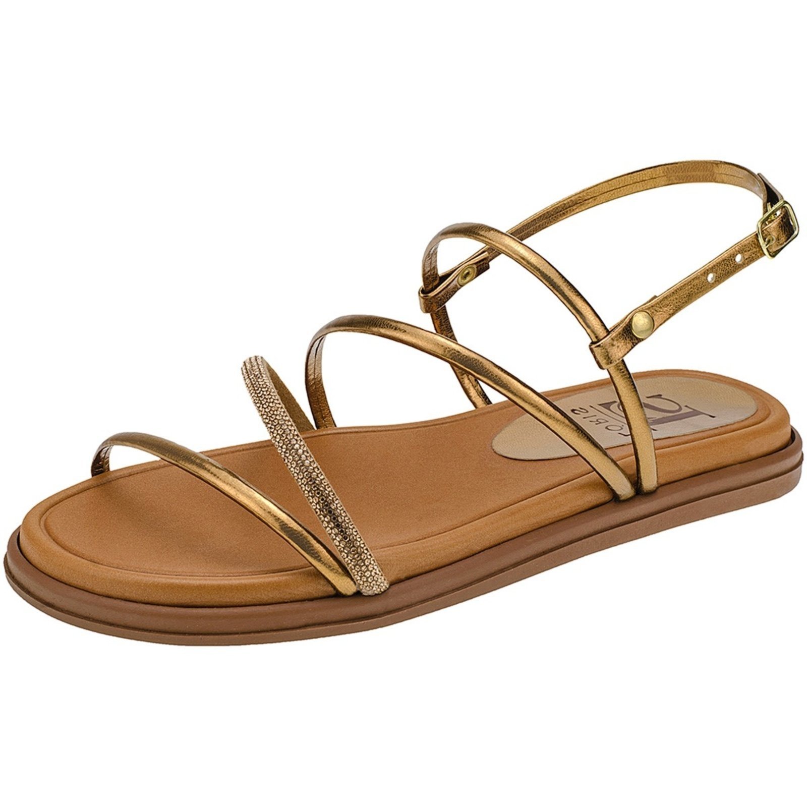 Sandália Papete de Tirinha Strass Manta de Pedraria Flatform Confort Fivelinha 711-691 Bronze