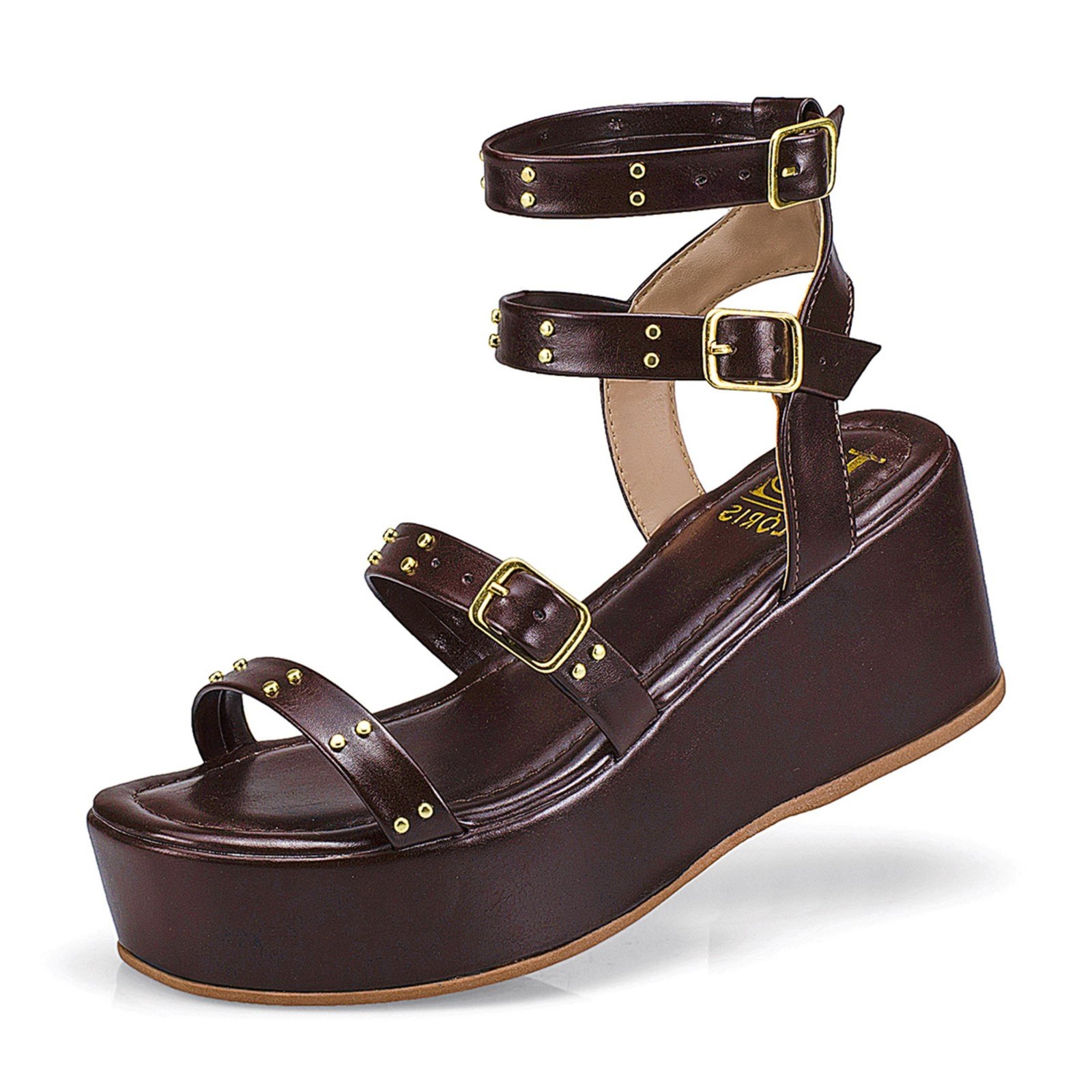 Vista 2 Sandália Feminina Tira Anabela Flatform Fivela Spike Estilosa 440 LÓRIS SHOES café LÓRIS SHOES café