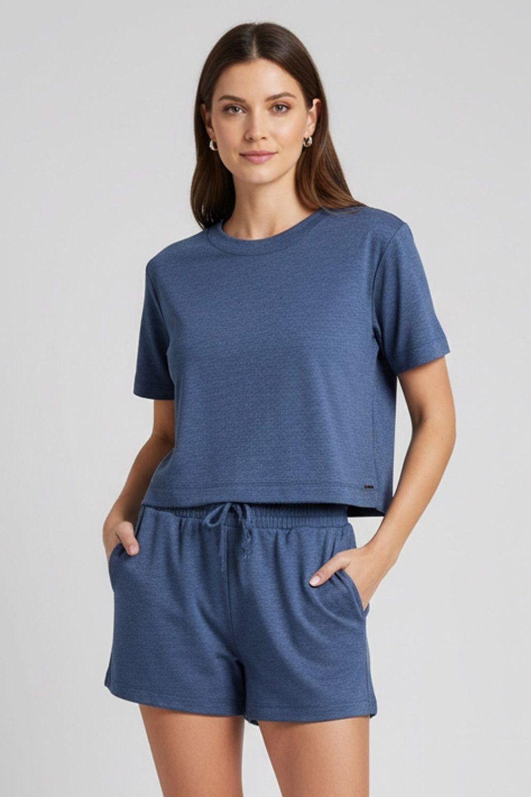 Conjunto Curto Feminino Malha Dublada Marialícia Azul Escuro