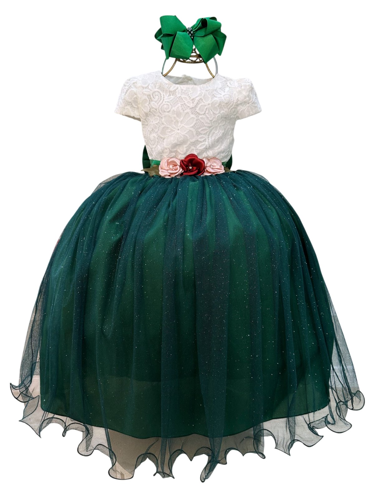 Infantil - Vestido Festa Longo Off White Saia Verde Esmeralda Bandeira Oliva Dama Daminha Casamento Formatura Social Menina Juvenil Juvenil Princesa Rodado Aniversário Luxo