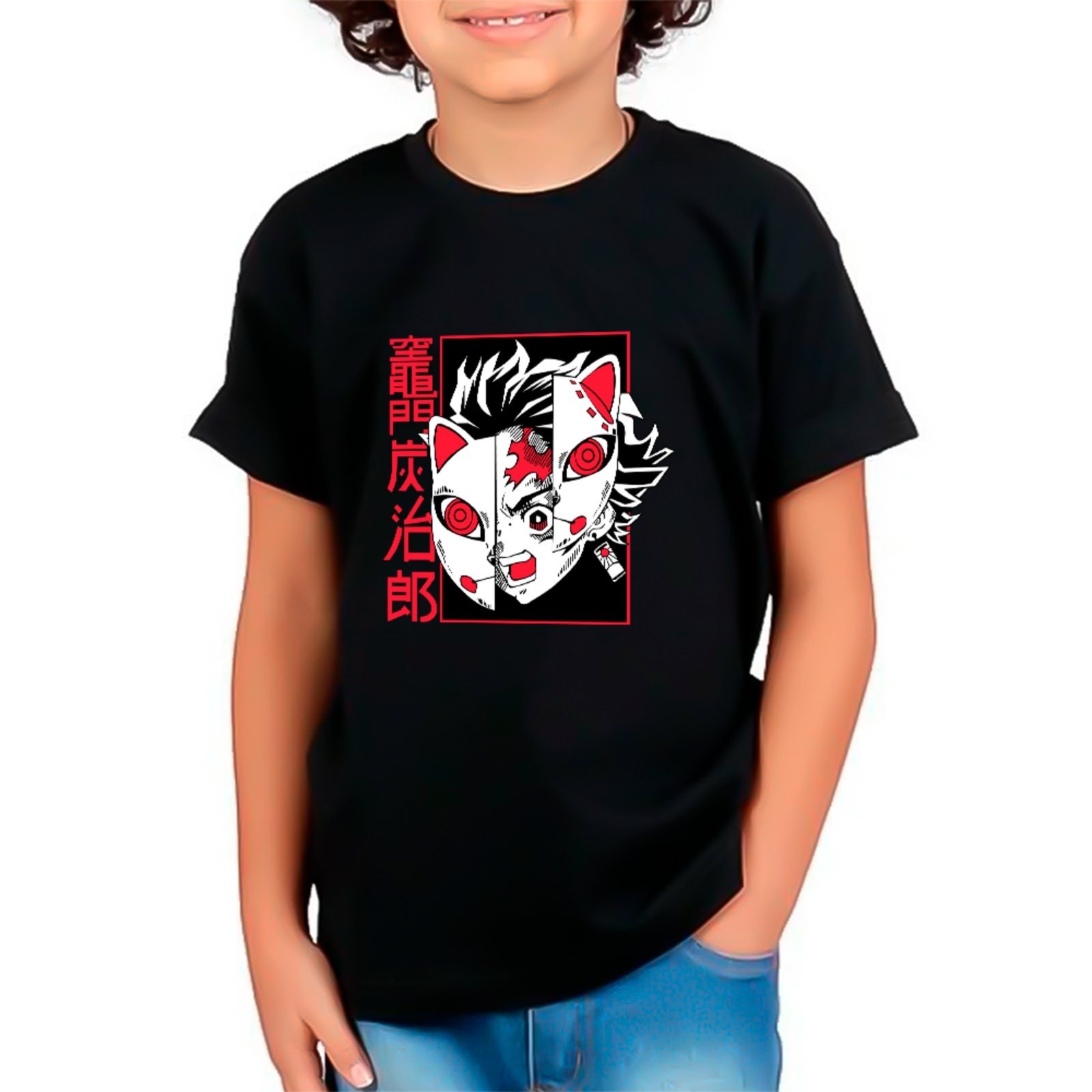 Infantil - Camiseta Unissex Coleção Anime Demon Slayer Tanjiro Kamado Máscara Kitsune Preto